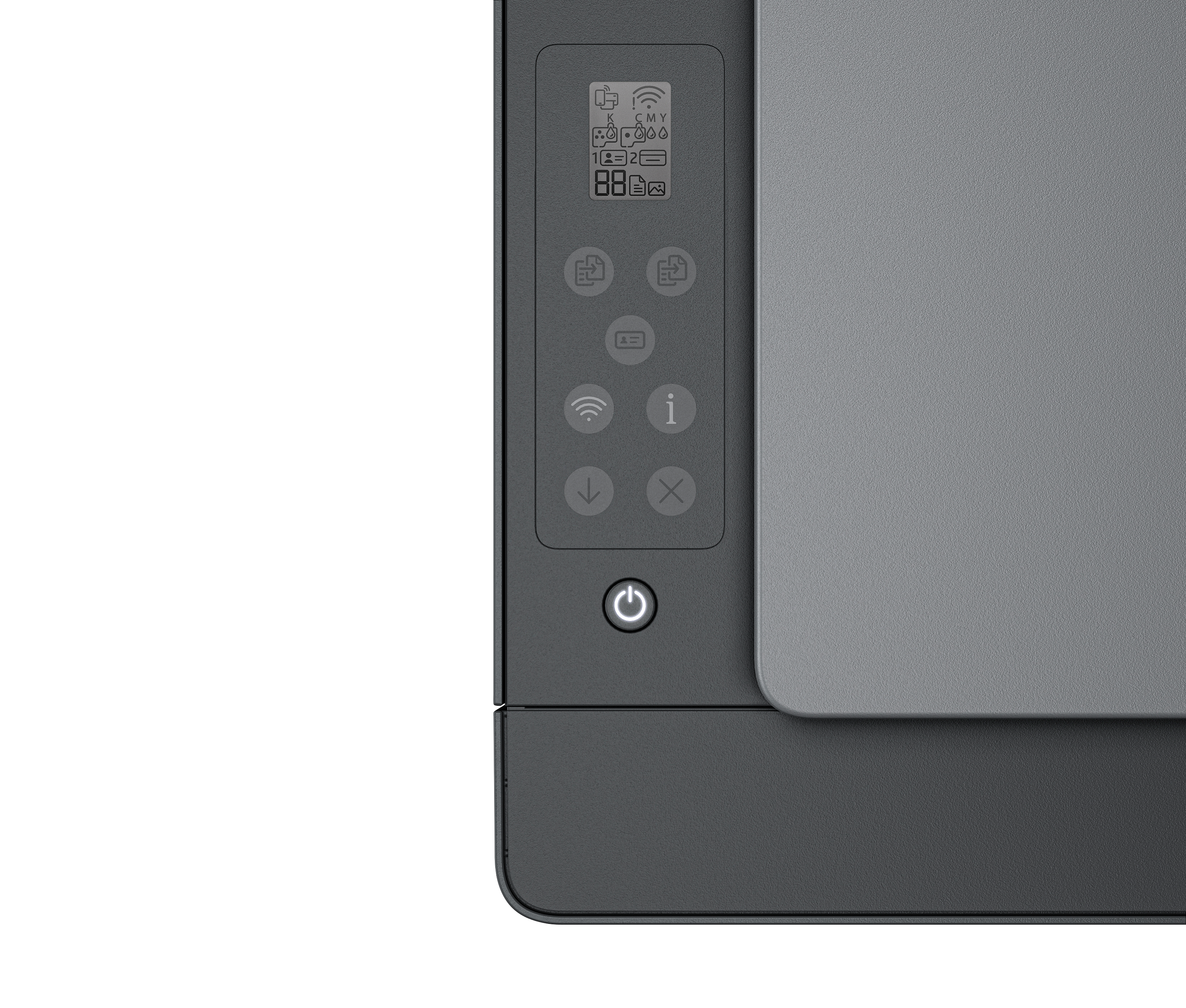 Szara drukarka z panelem sterowania i podświetlonym przyciskiem zasilania.