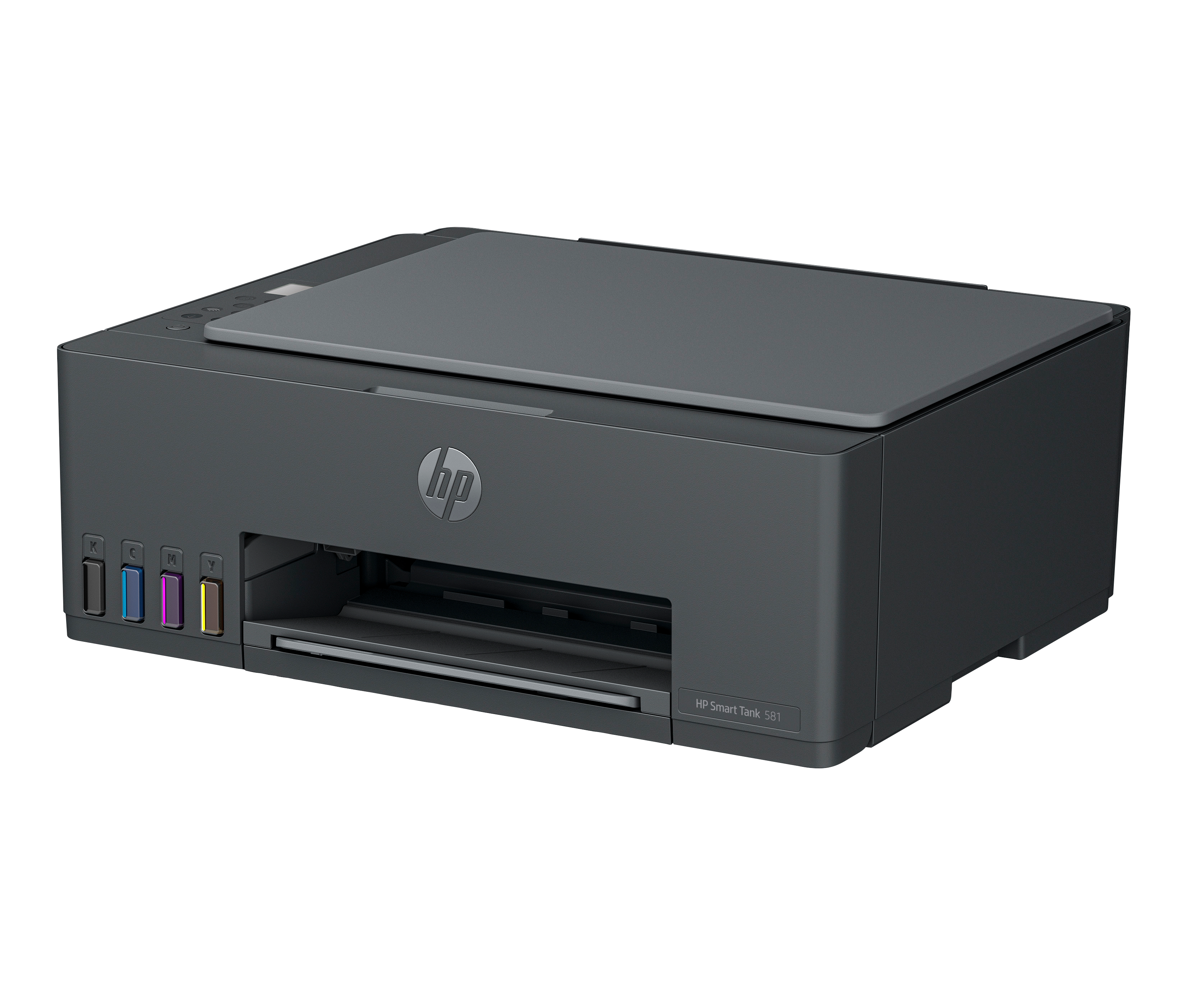 Szara drukarka HP Smart Tank z widocznymi zbiornikami na tusz.