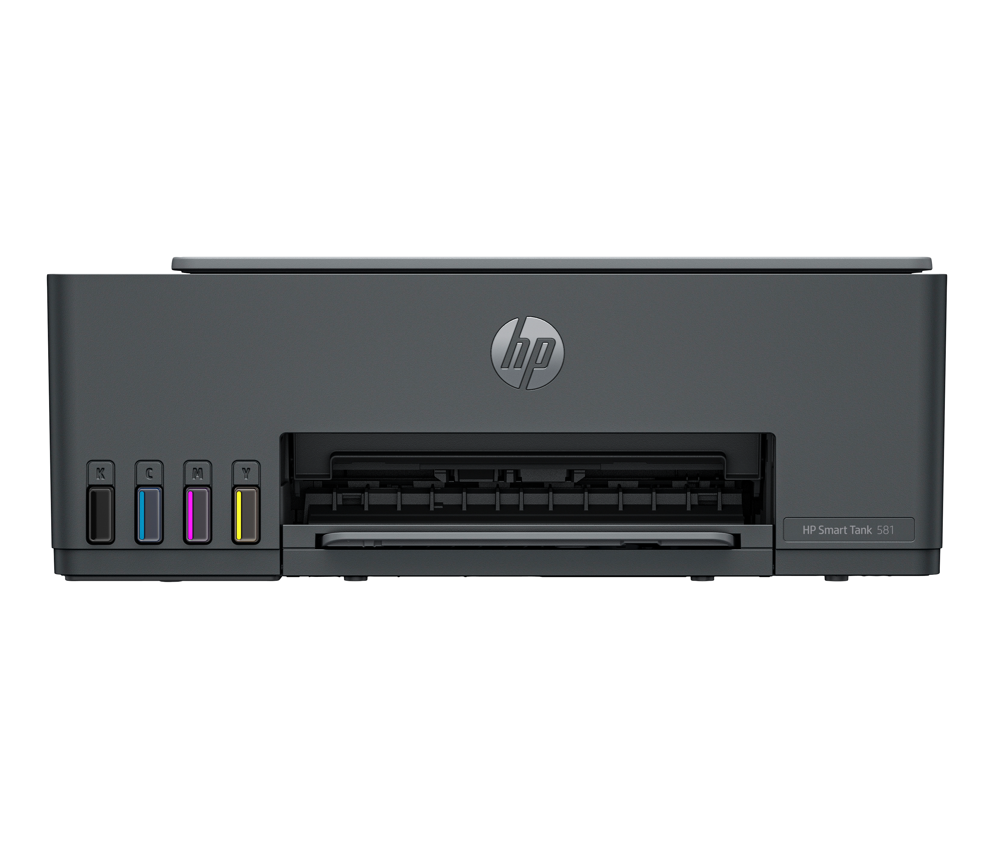 Szara drukarka HP Smart Tank 581 z czterema zbiornikami na tusz: czarny, cyjan, magenta i żółty.