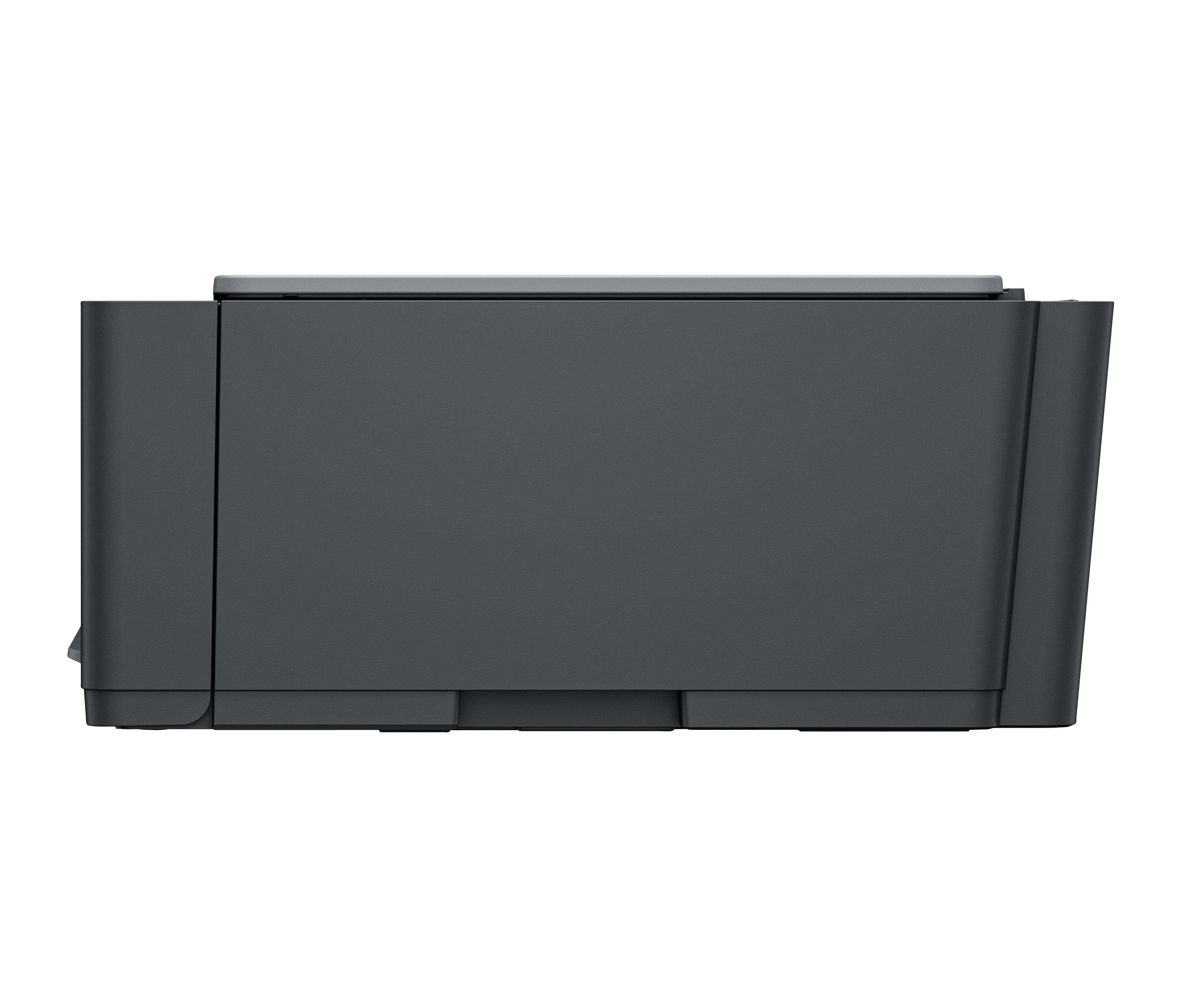 Szara drukarka widziana z boku na ciemnym tle.