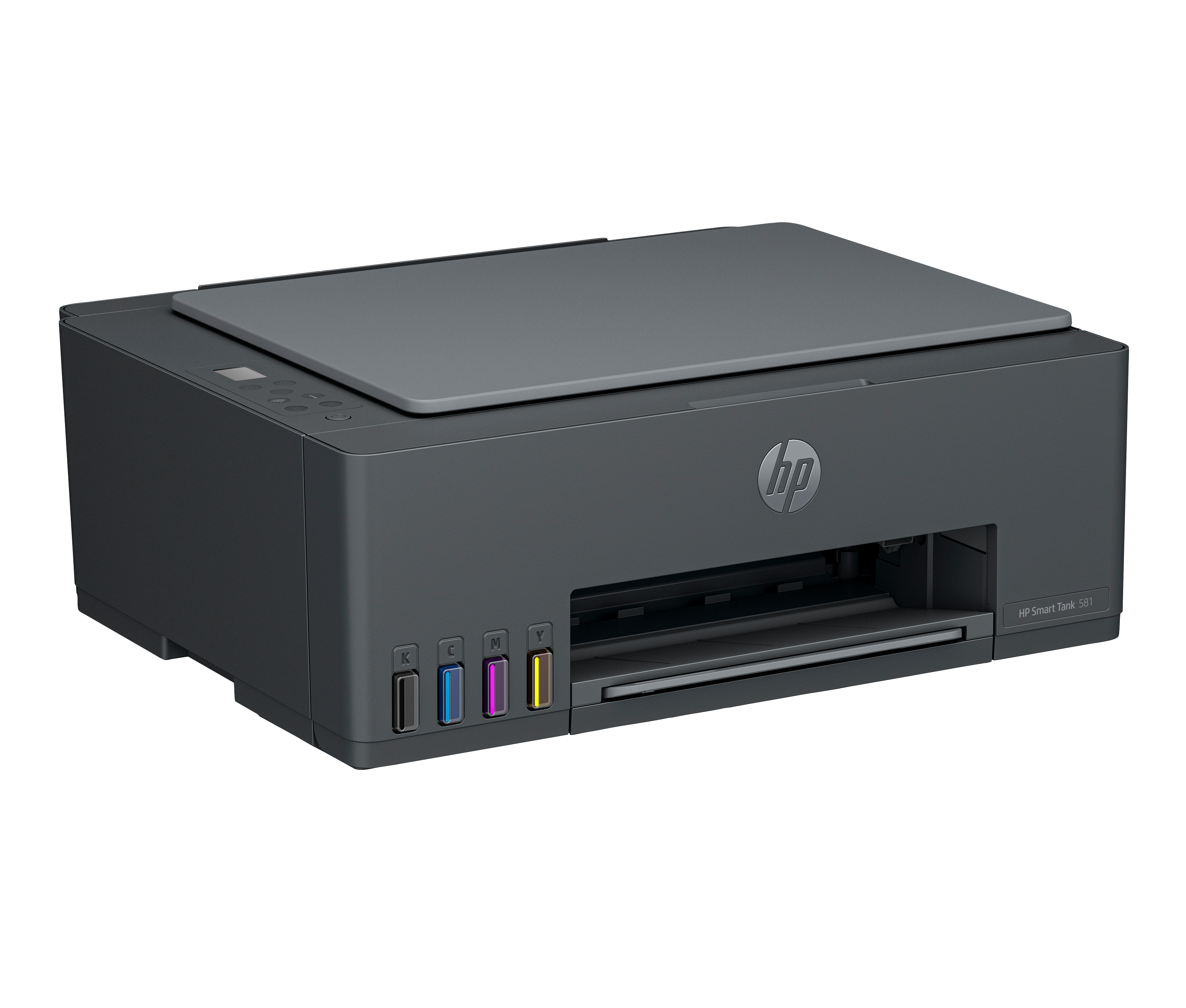 Szara drukarka HP Smart Tank 581 z widocznymi zbiornikami na tusz.