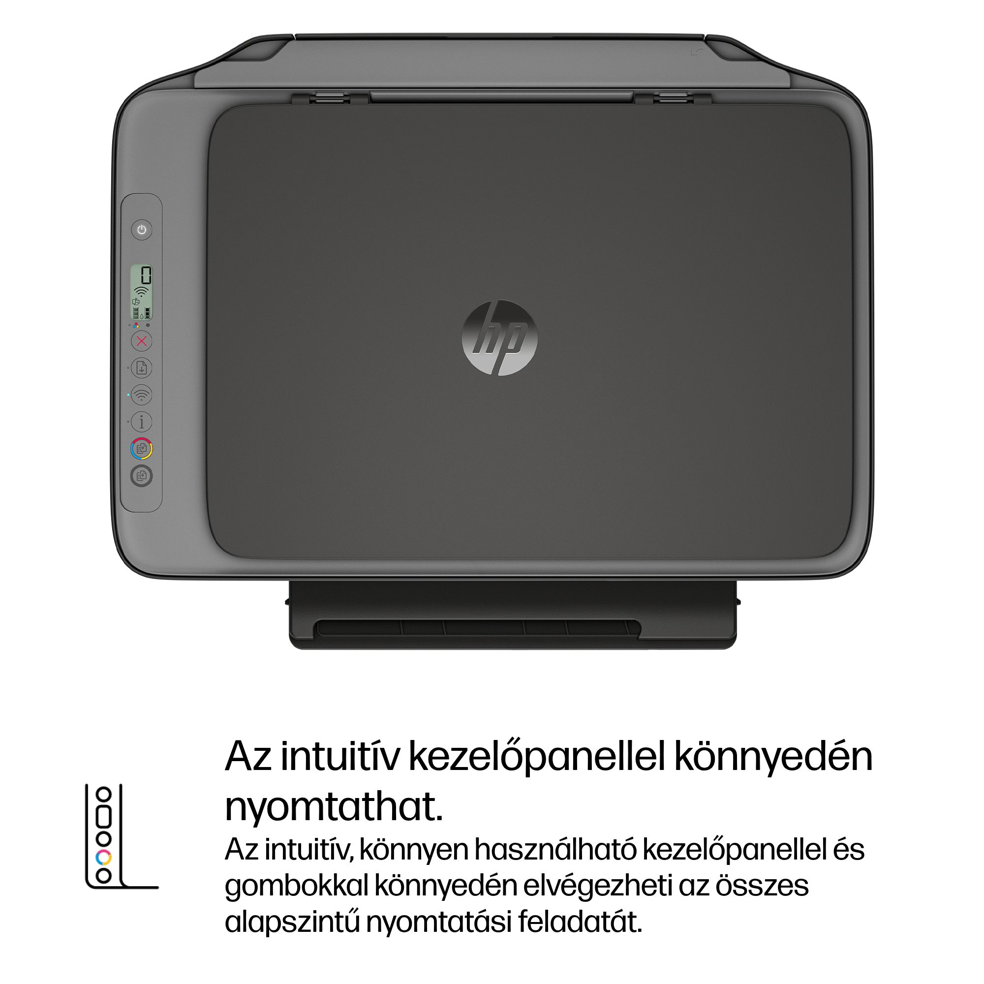 Szürke HP nyomtató felülnézetből, vezérlőpanellel és HP logóval.