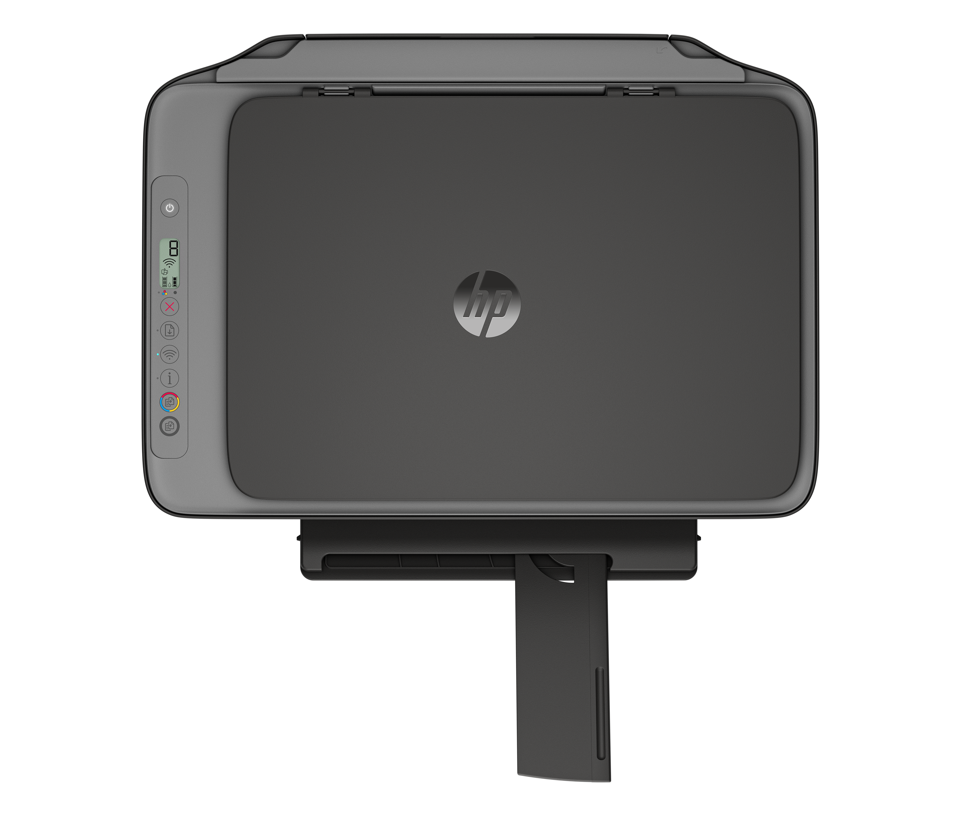 Schwarzer HP Drucker mit silbernem Logo und Bedienfeld.