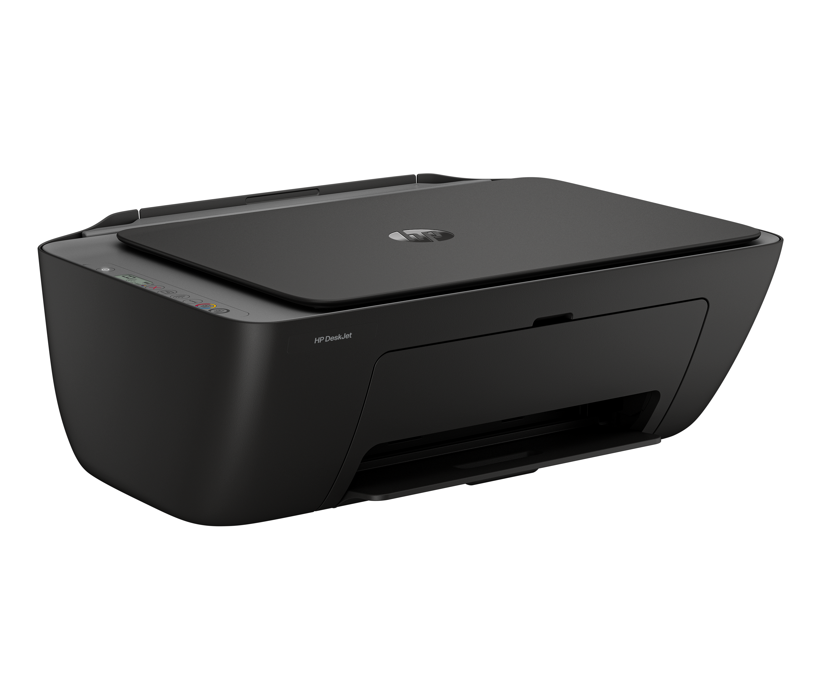 Ein schwarzer HP DeskJet Drucker steht auf einem weißen Hintergrund.