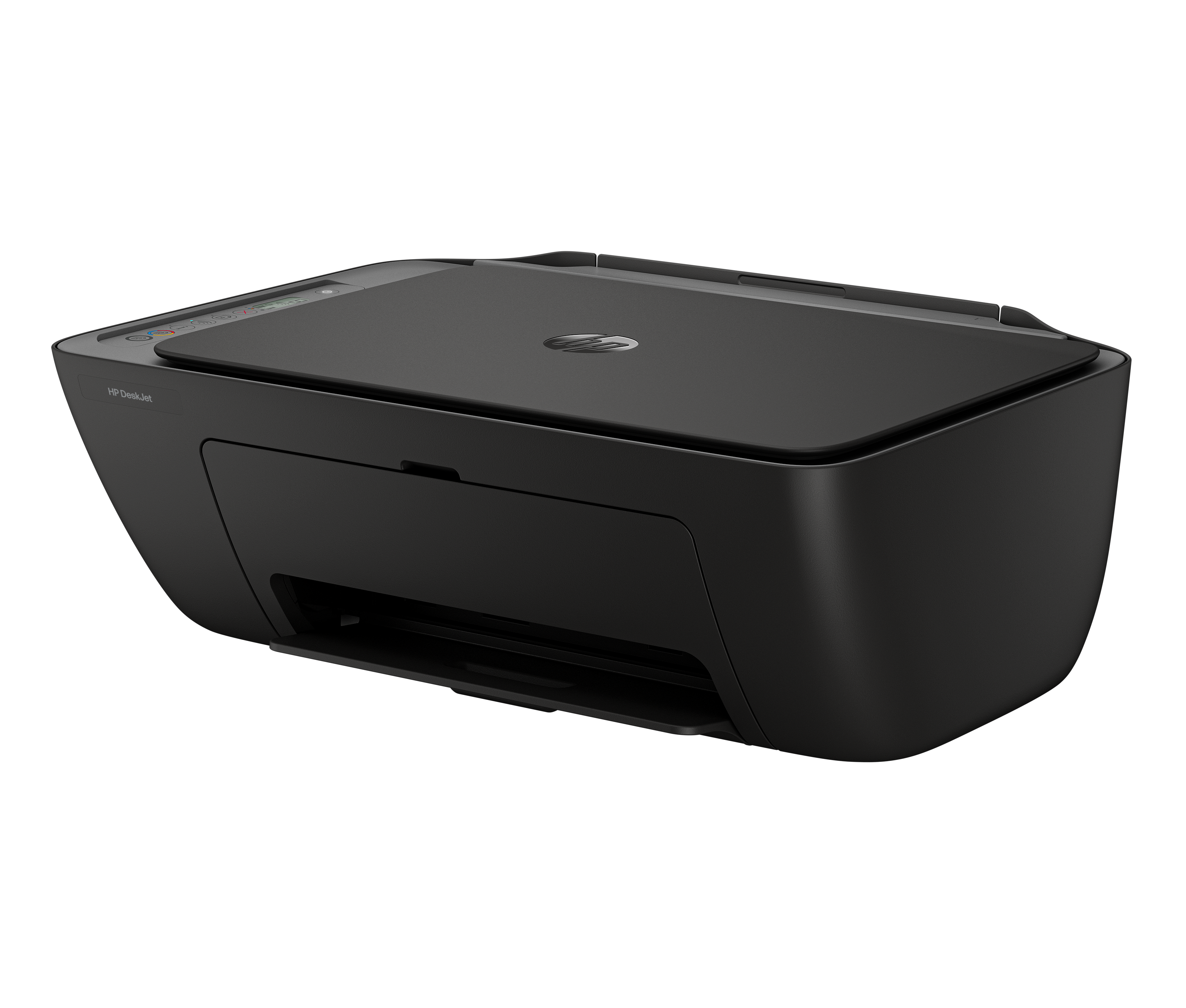 Ein schwarzer HP Drucker mit Scanner steht auf weißem Hintergrund.