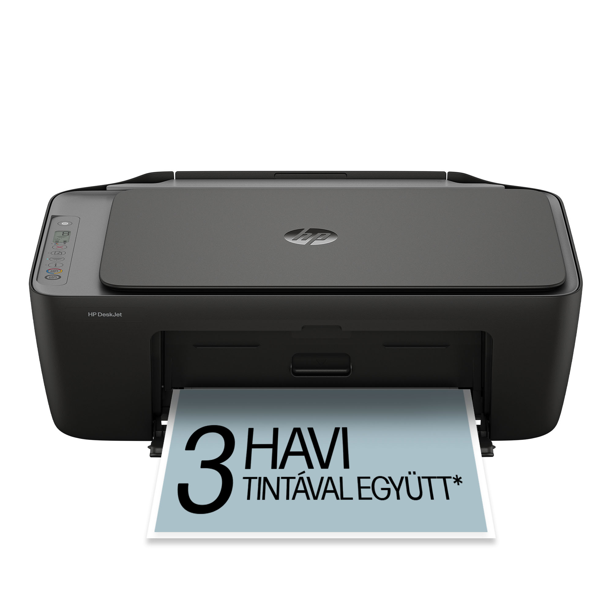 Egy fekete HP DeskJet nyomtató, amelyen egy papírlap látható