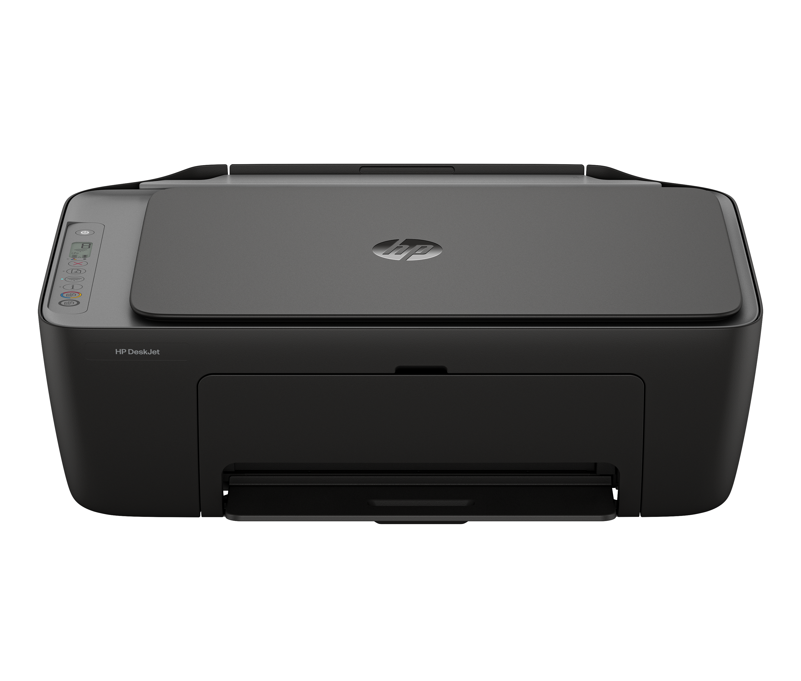 Ein schwarzer HP DeskJet Drucker mit Bedienfeld und ausklappbarem Deckel.