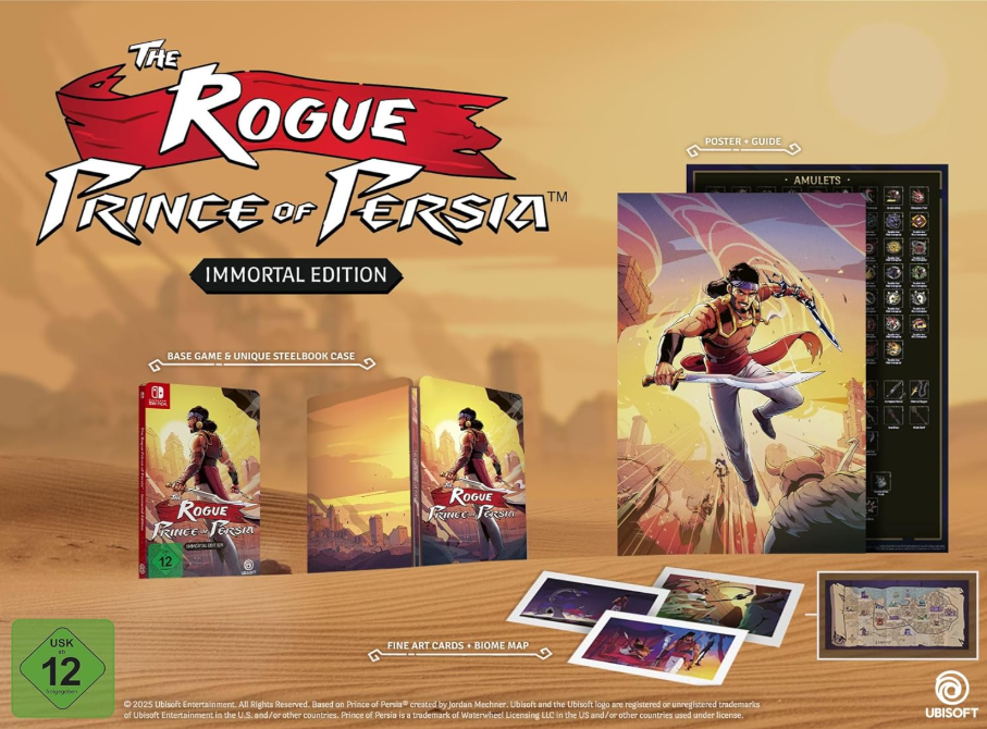 Spielverpackung 'The Rogue Prince of Persia Immortal Edition' mit Steelbook, Poster, Karten.