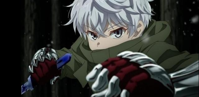 Ein Anime-Charakter mit weißen Haaren hält ein Schwert in einer dunklen Umgebung.