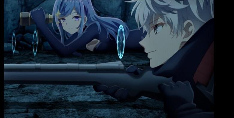Ein Mann mit weißem Haar hält ein Gewehr, eine Frau mit blauen Haaren schaut durch ein Fernglas.