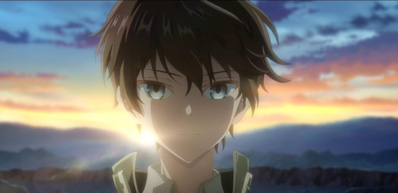 Ein Anime-Junge mit braunen Haaren und blauen Augen blickt nachdenklich nach vorne.