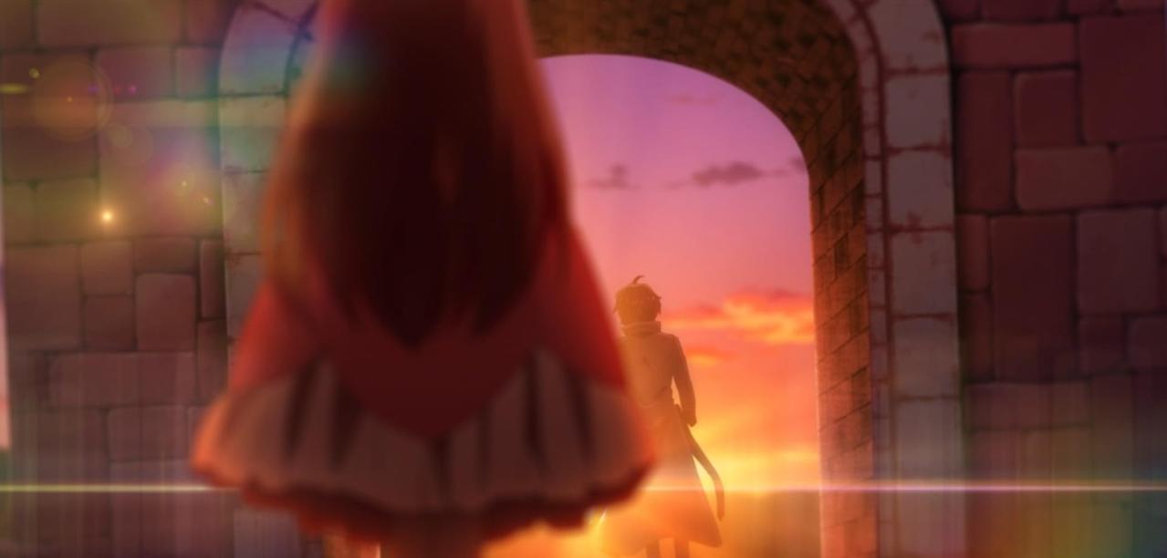 Eine Figur mit rotem Umhang steht vor einem Torbogen bei Sonnenuntergang.
