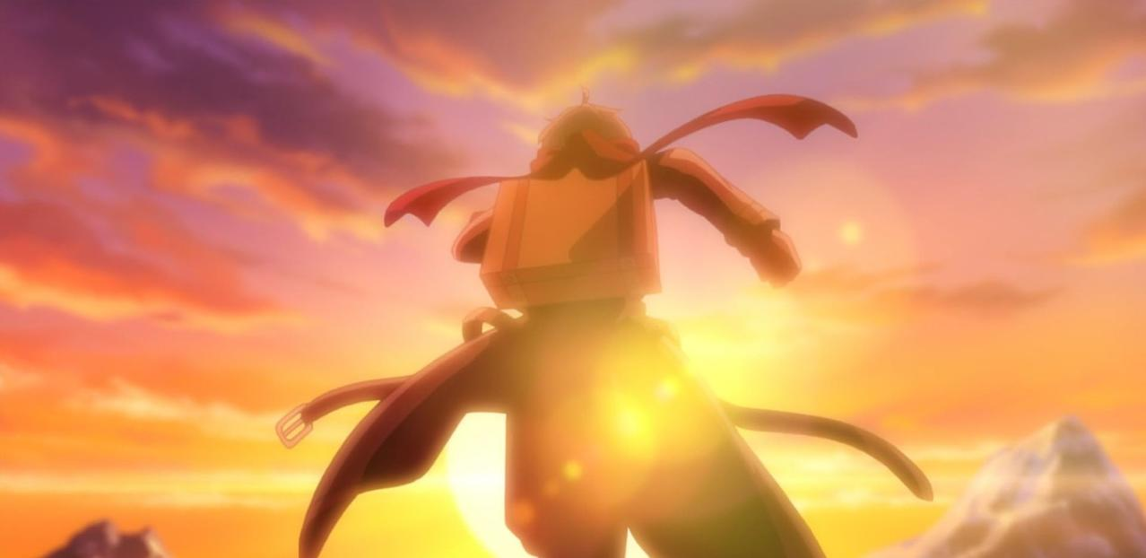 Eine Figur mit rotem Schal steht vor einem sonnigen Himmel.