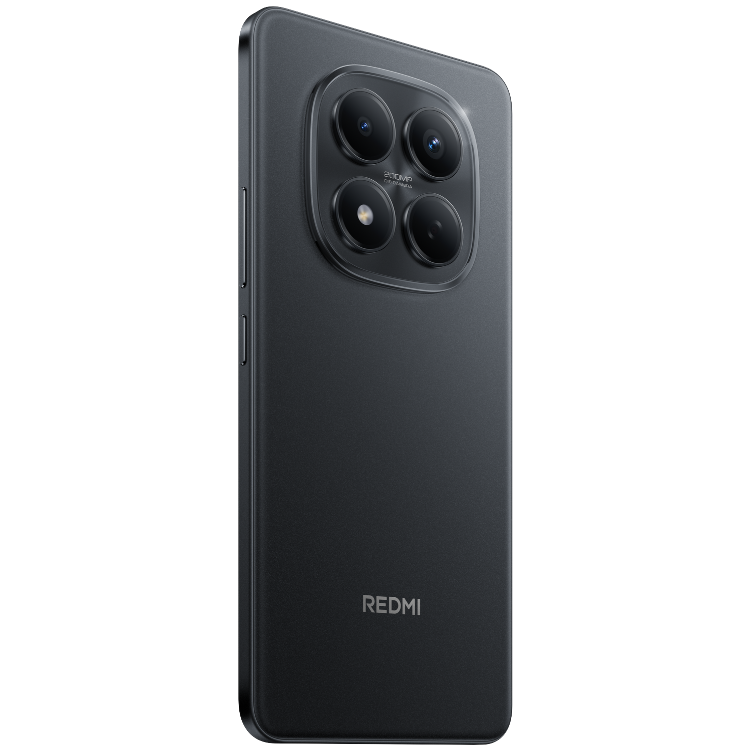 Dark gray smartphone featuring a quad-camera setup on the back and Redmi logo.