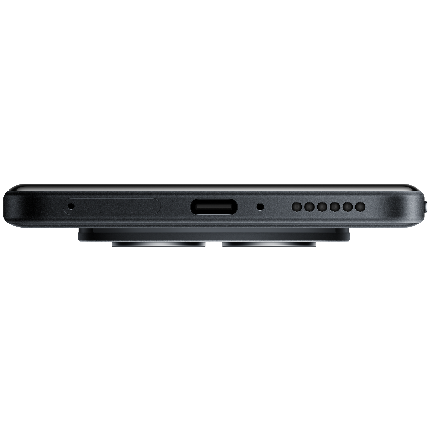Close-up of the bottom of a black smartphone, showing charging port and speaker grille.