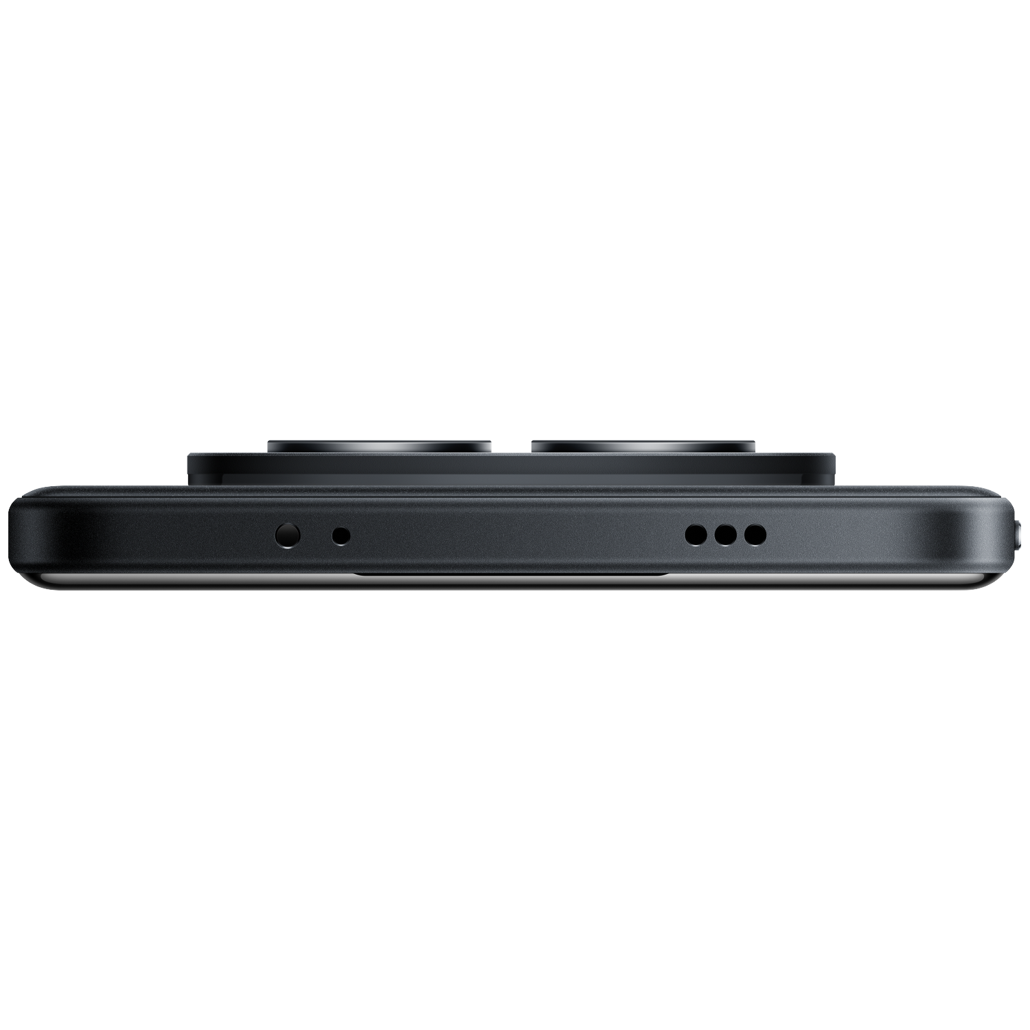 Close-up of the top edge of a black smartphone with two camera lenses.