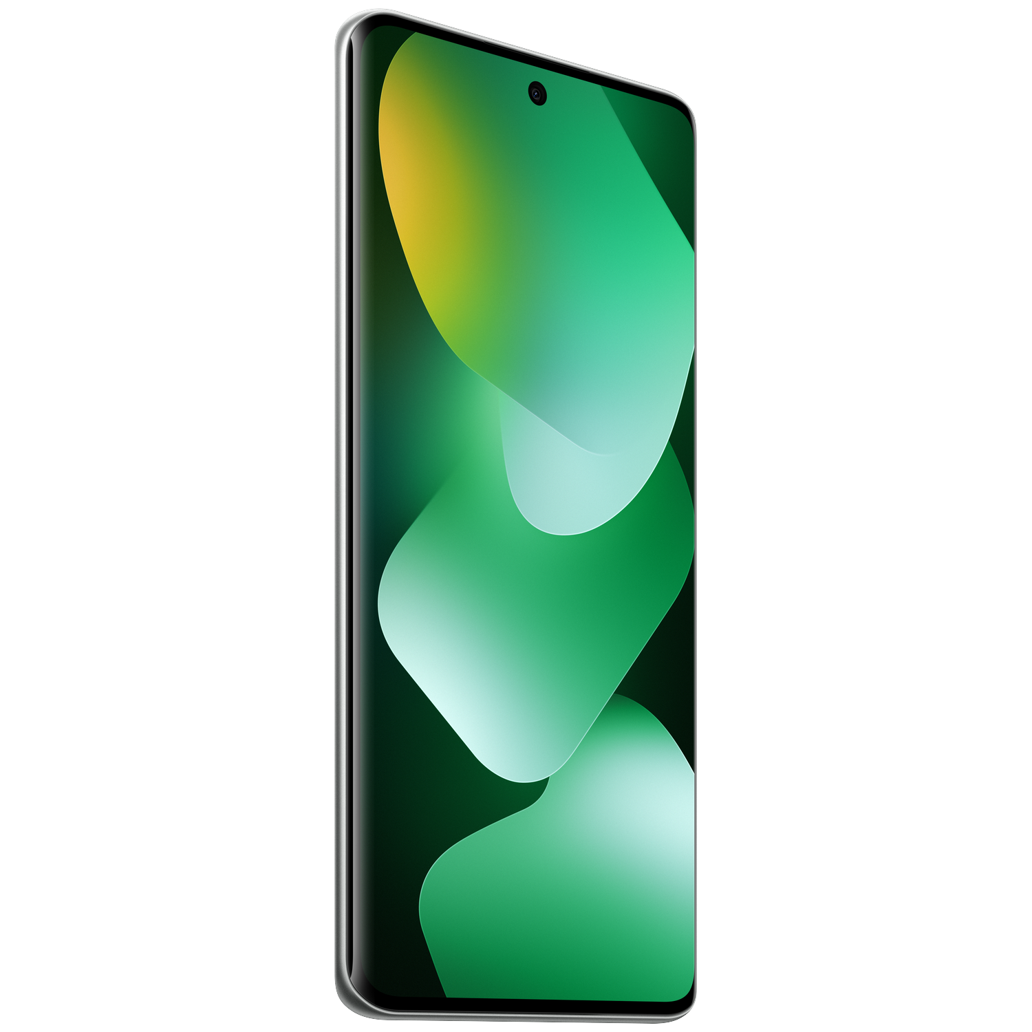 A smartphone with a green abstract background is shown from an angle.