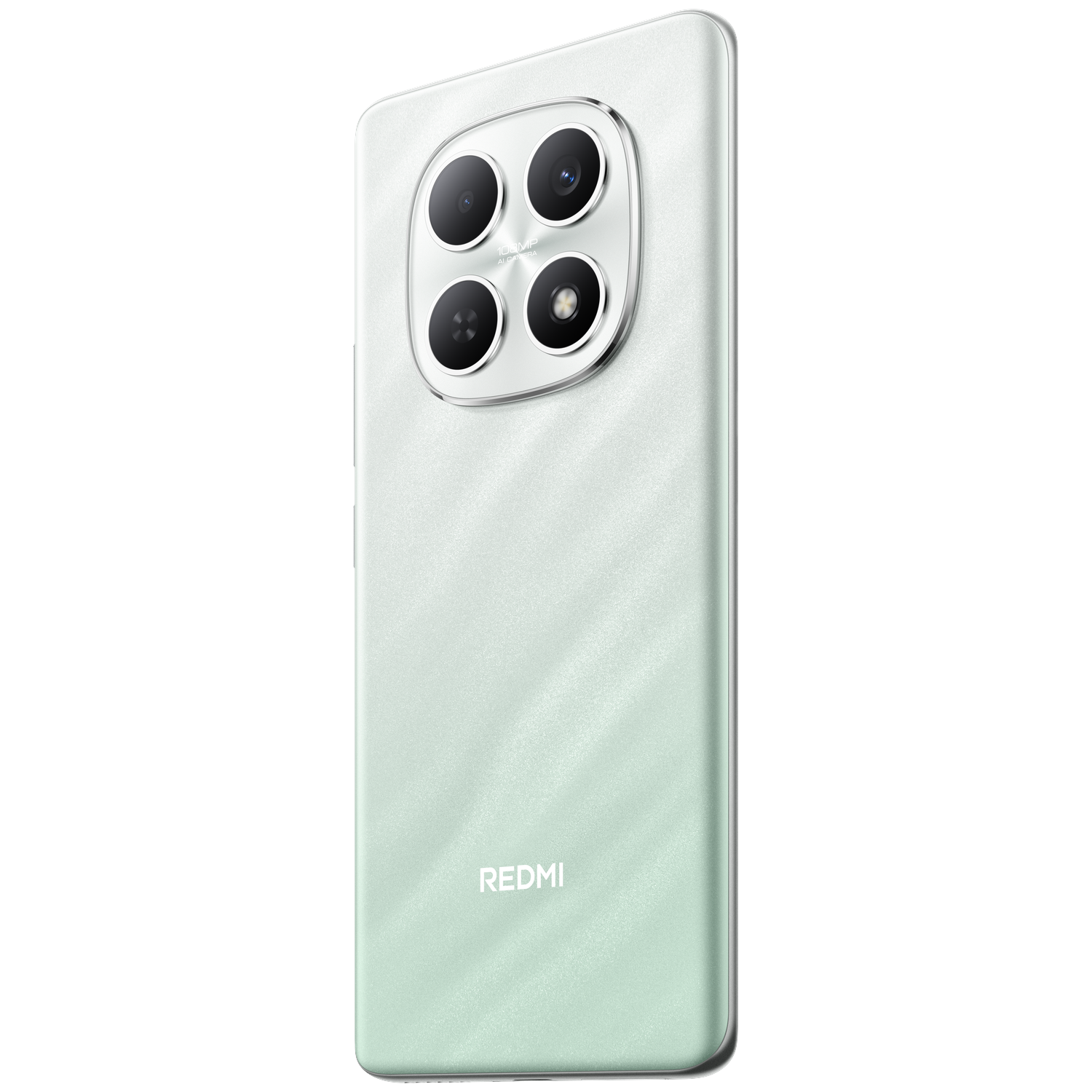 A light green smartphone with four rear cameras and the Redmi logo.