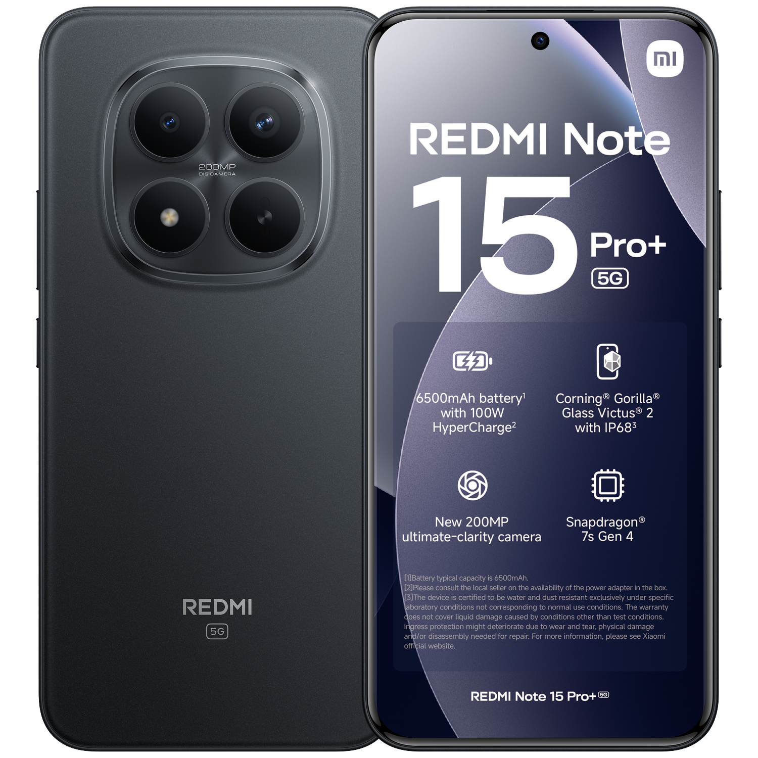 Een zwarte Redmi Note 15 Pro+ 5G smartphone wordt getoond. Achterkant met quad-camera, voorkant met display.