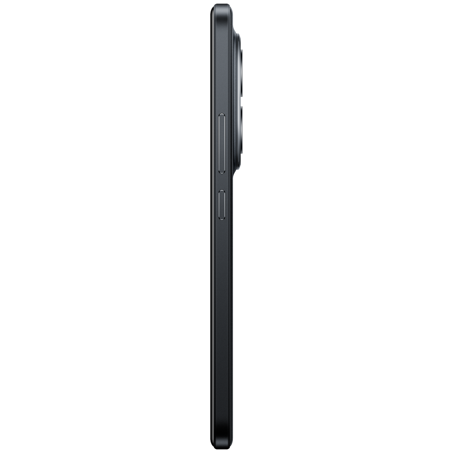 Donkergrijs smartphone van de zijkant gezien, met zichtbare knoppen.