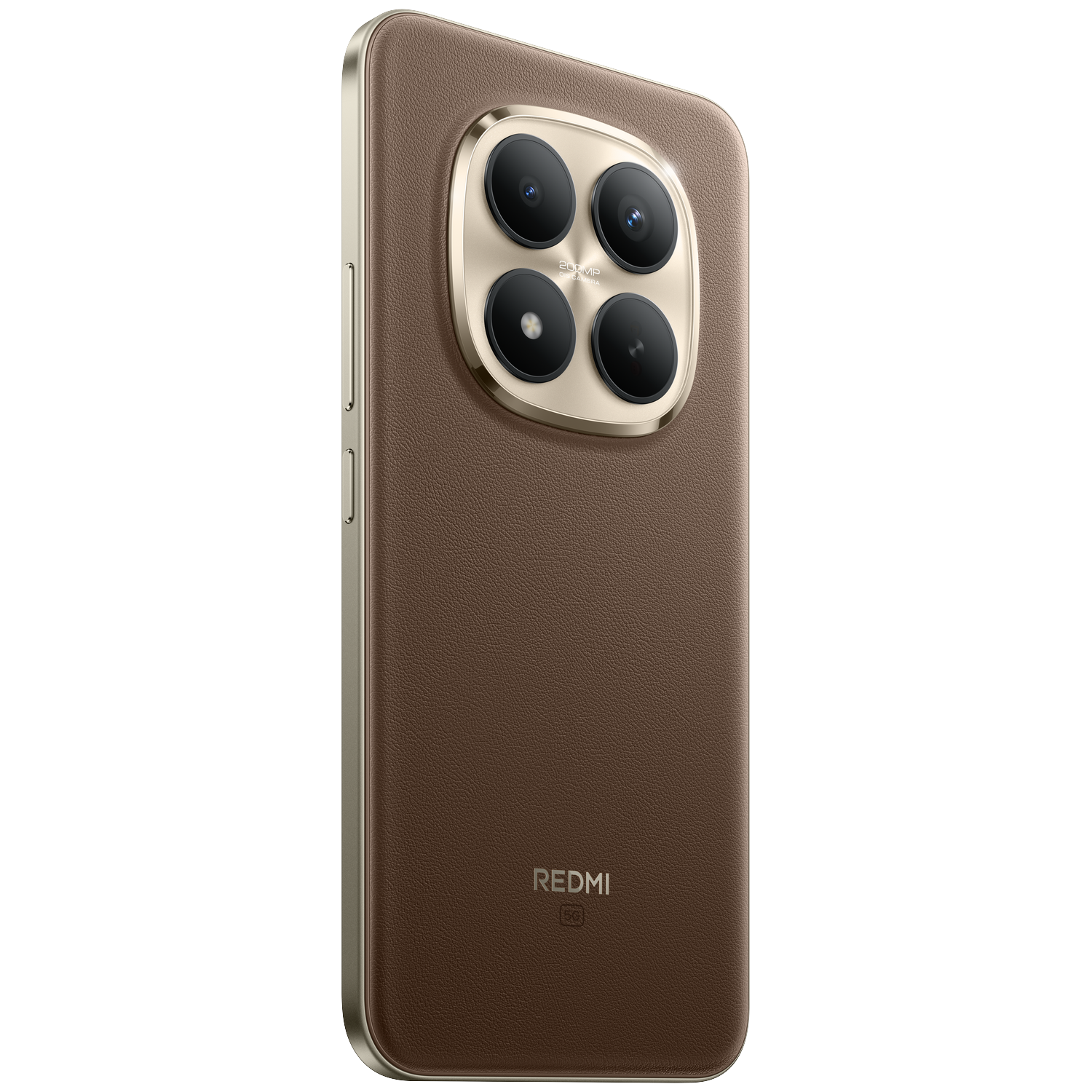 Achterkant van een bruine smartphone met vier camera's en "REDMI 5G".