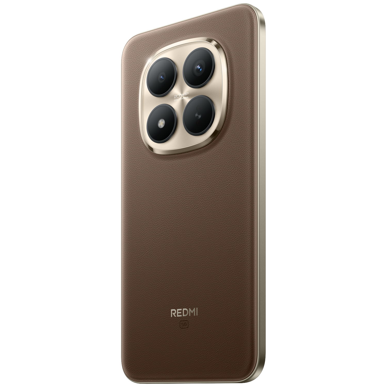 Bruine smartphone met viervoudige camera aan de achterkant en gouden frame.