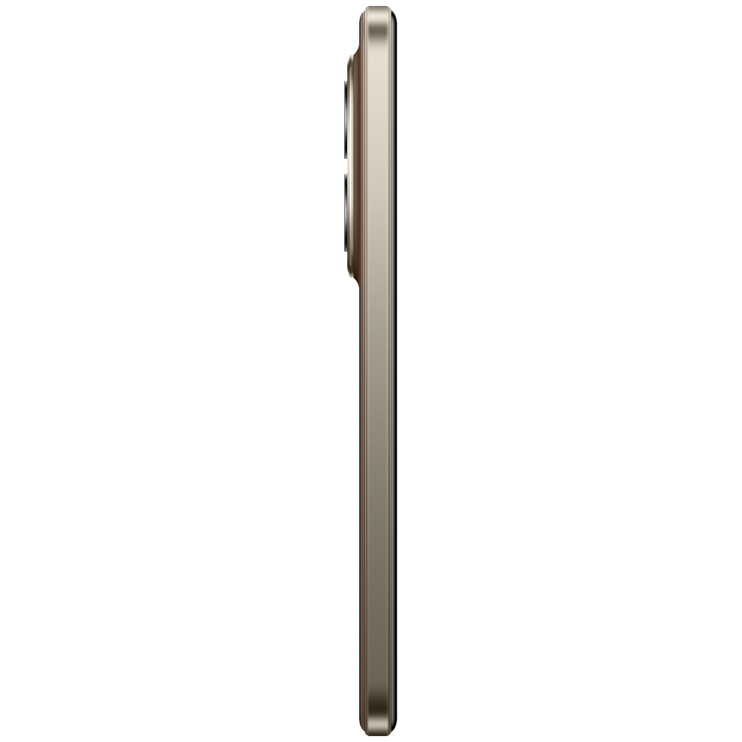 Zijaanzicht van een gouden smartphone met meerdere cameralenzen.