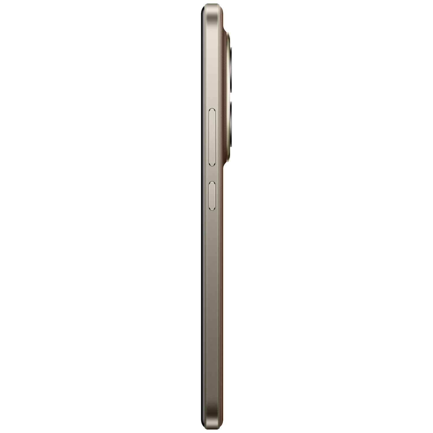 Zijaanzicht detail van een bronzen smartphone met knoppen aan de zijkant.