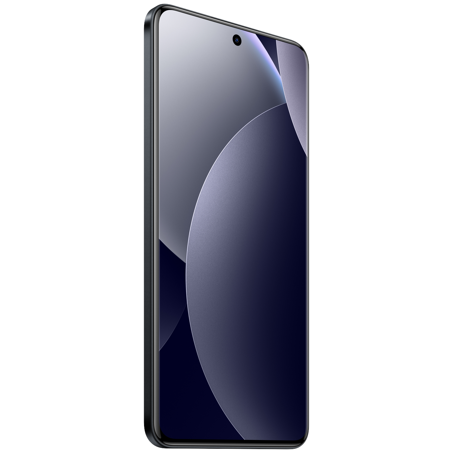 Un smartphone noir avec un fond sombre à motifs circulaires.