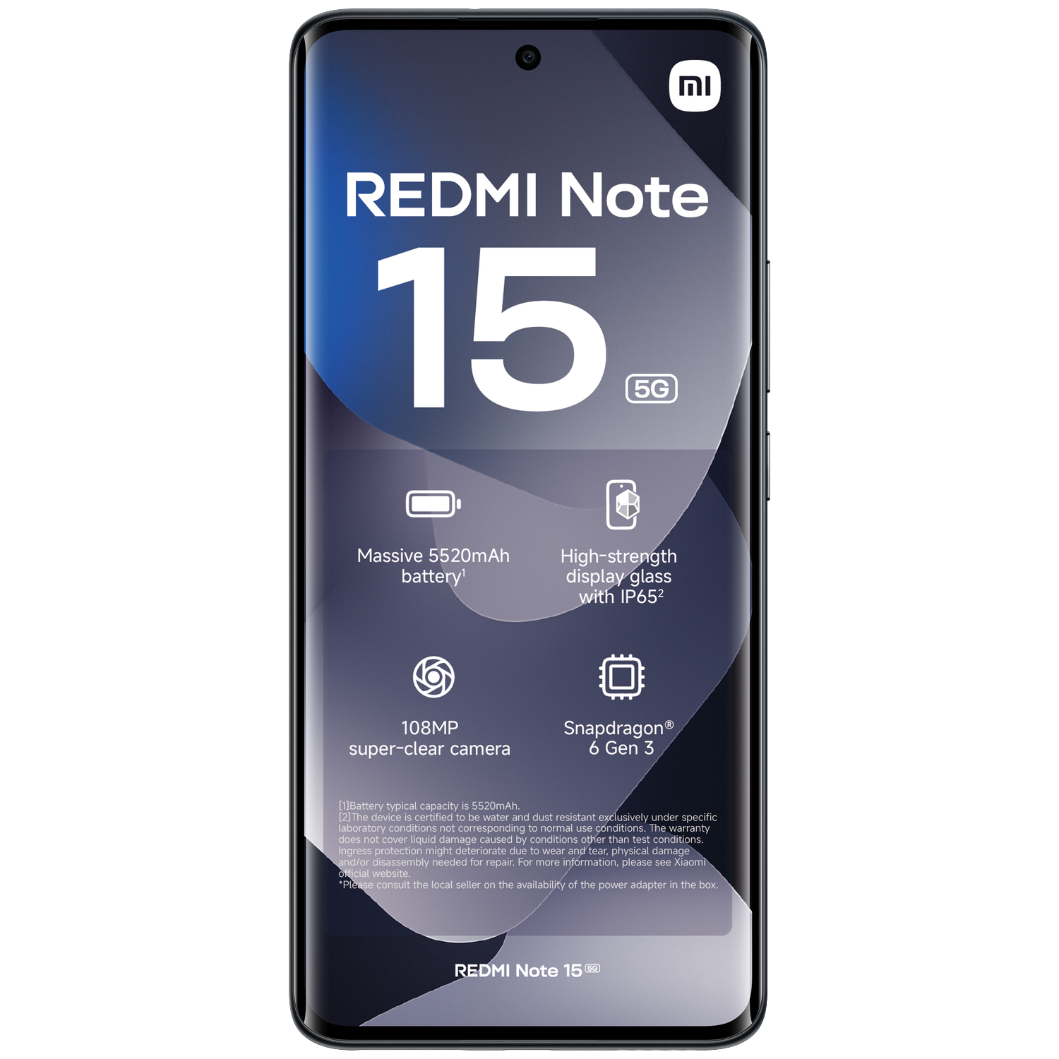 A smartphone displaying REDMI Note 15 5G with battery capacity and camera specs.