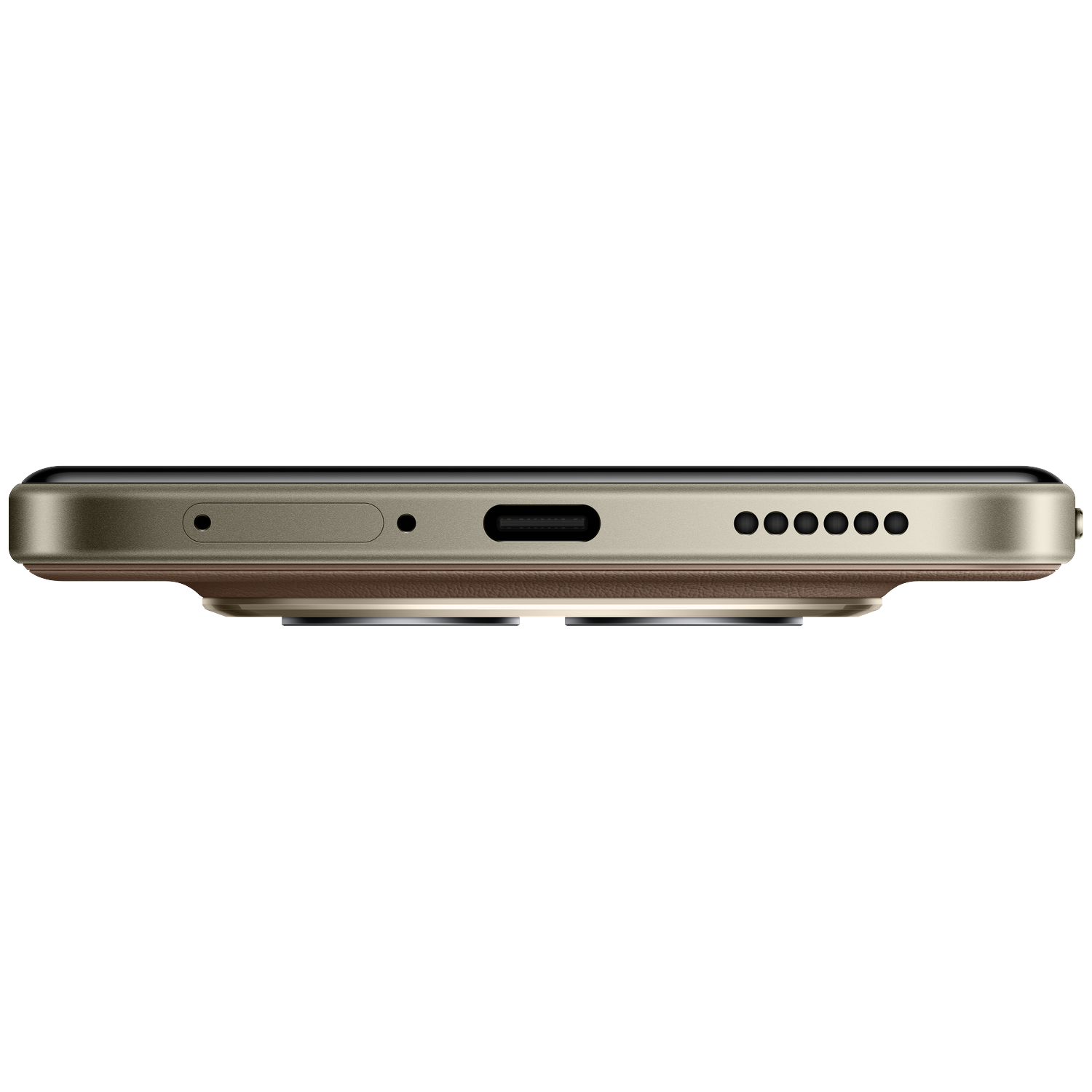 Onderkant van een smartphone met USB-C-poort, luidsprekeropeningen en bruine accenten.