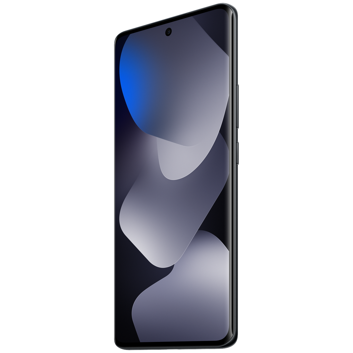 Black smartphone with rounded corners, showing abstract blue and gray wallpaper.