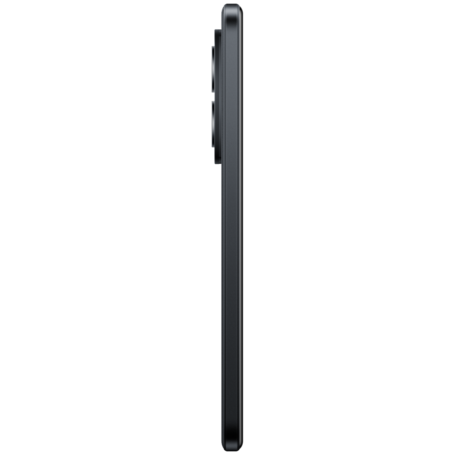 Vue de côté d'un smartphone sombre avec trois caméras au dos.