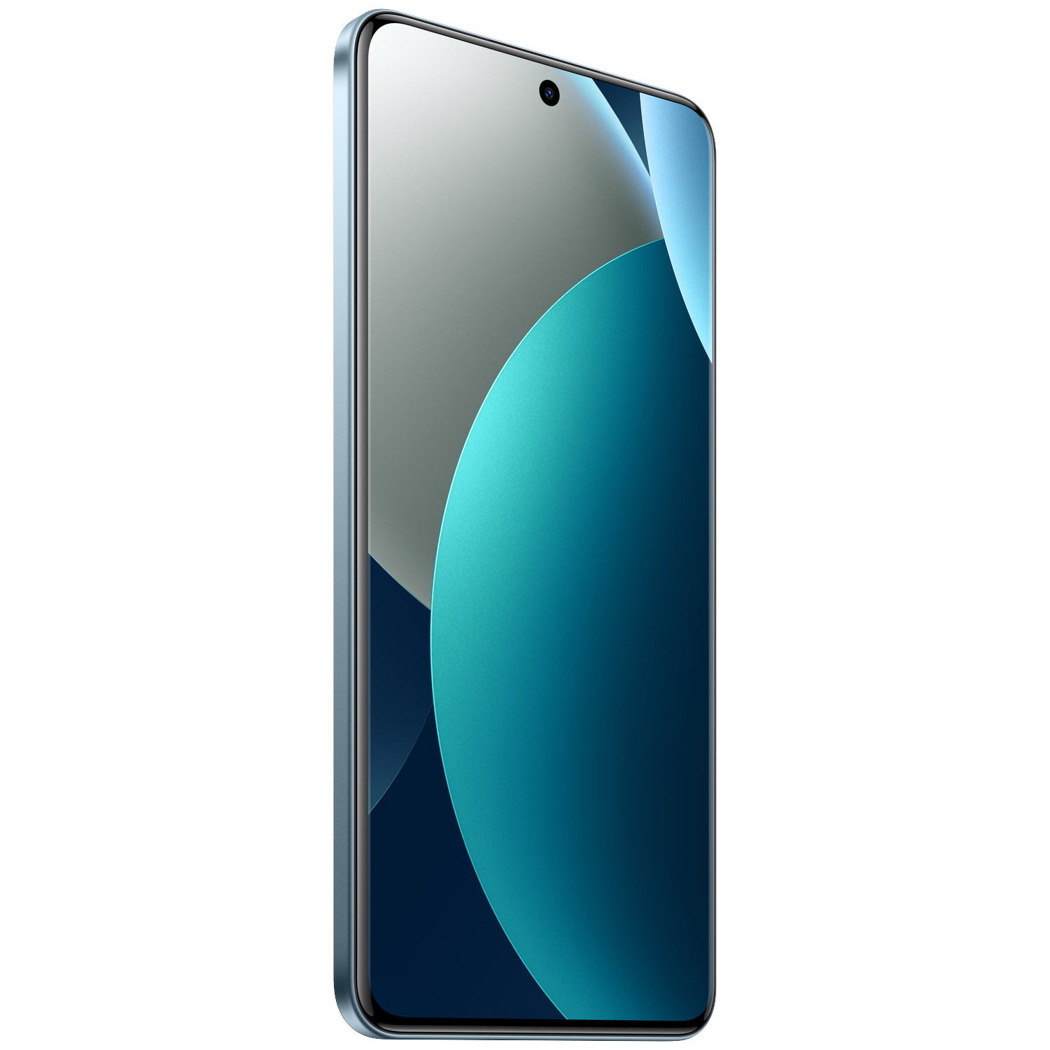Un smartphone moderne avec écran bleu et gris sur fond blanc.