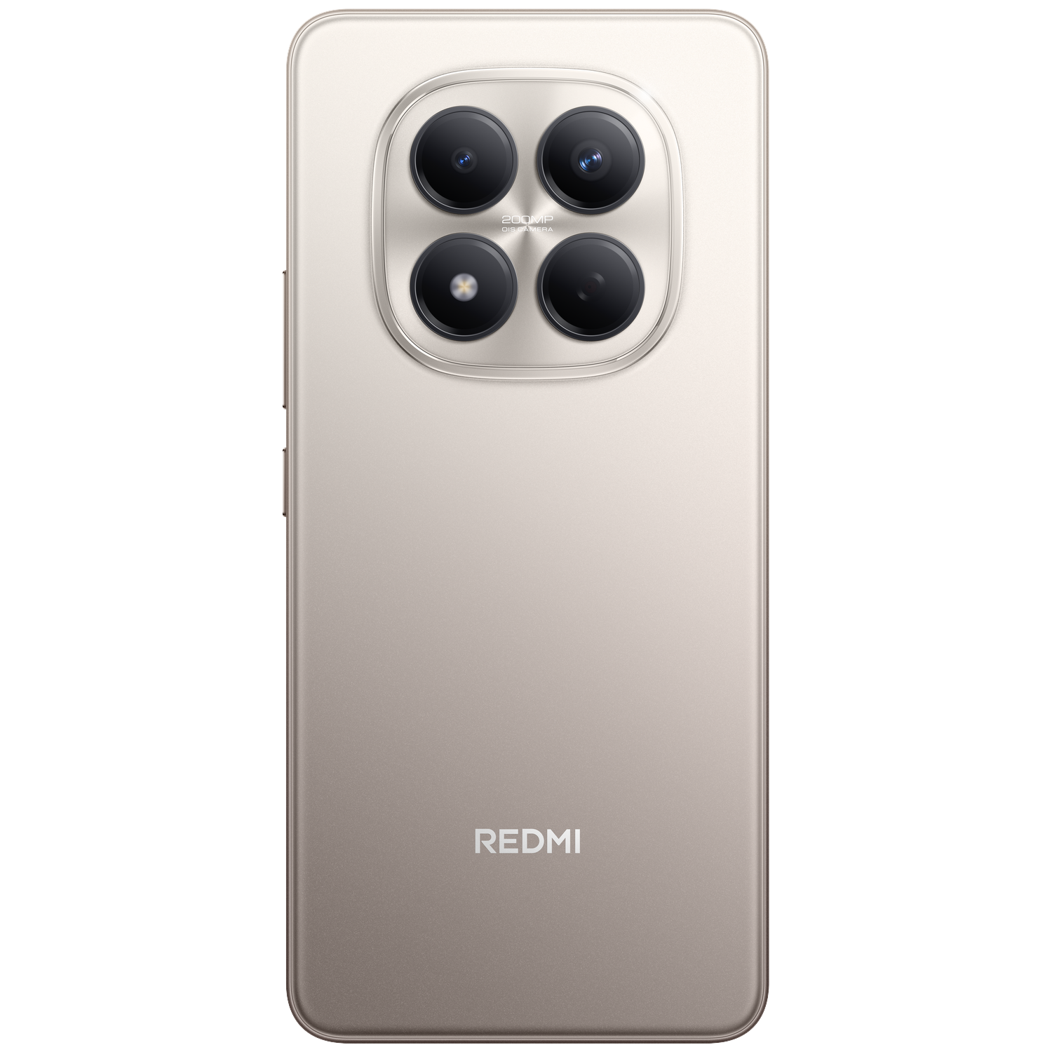 Back of a light brown smartphone with four cameras and the Redmi logo.
