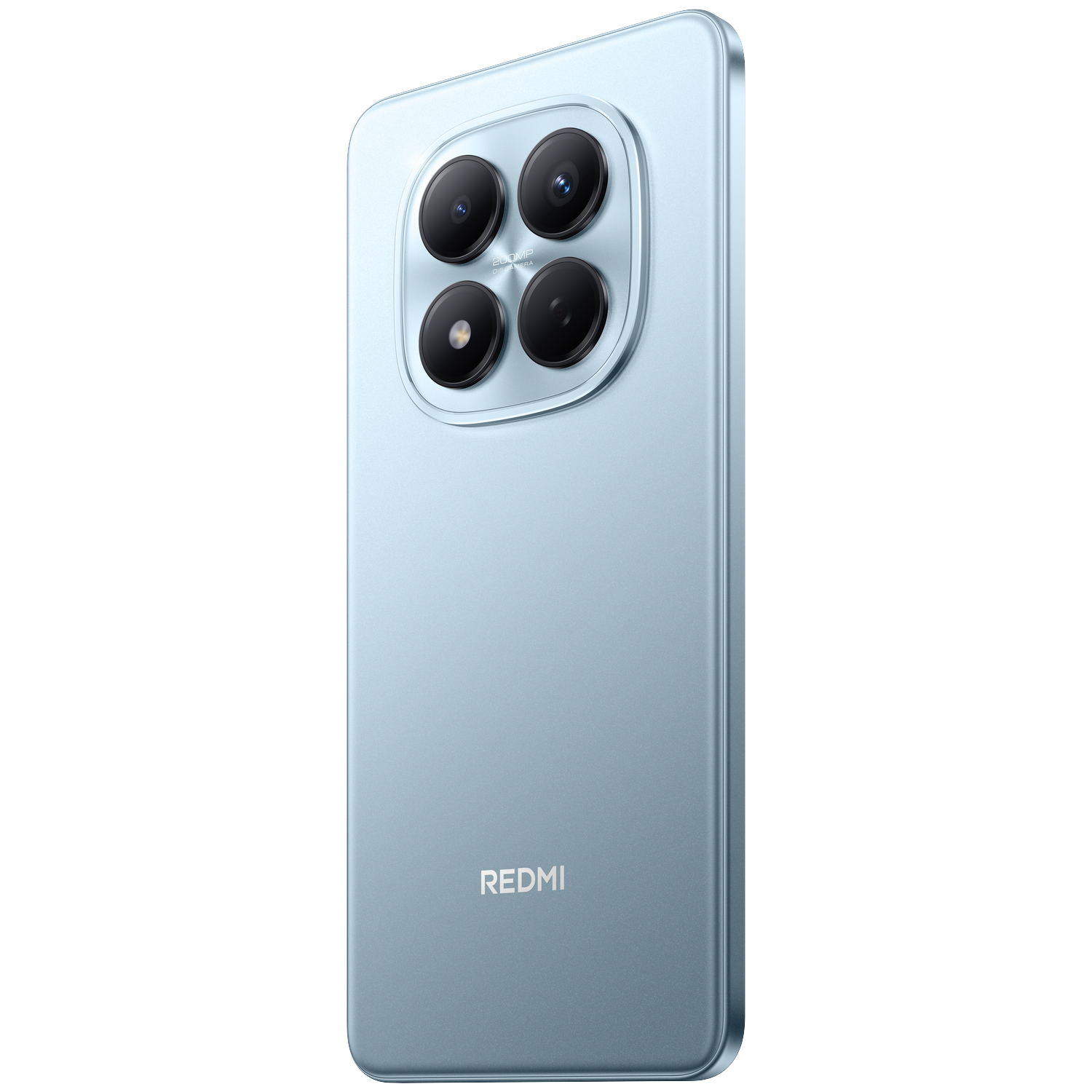 Un smartphone bleu clair avec quatre caméras arrière et le logo REDMI.
