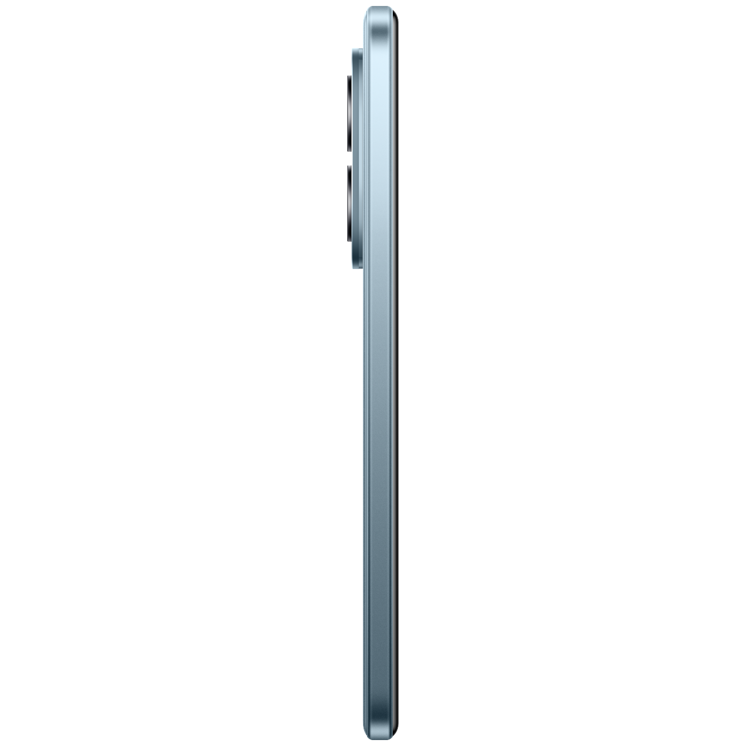 Un smartphone bleu clair vu de profil avec des objectifs de caméra sur le côté droit.