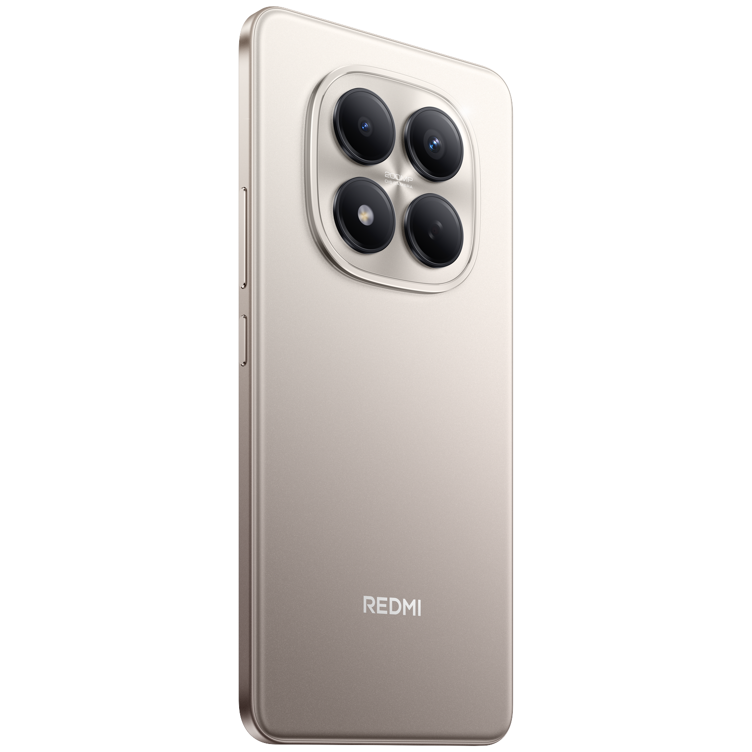 Back of a light beige smartphone with four cameras and "REDMI" logo.