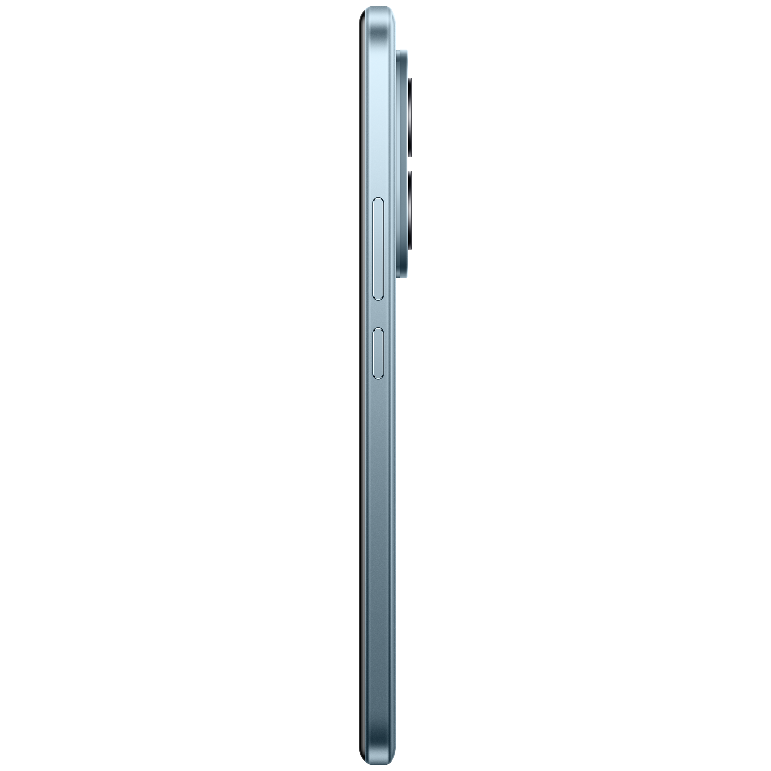 Vue latérale d'un smartphone bleu clair montrant caméras et boutons.