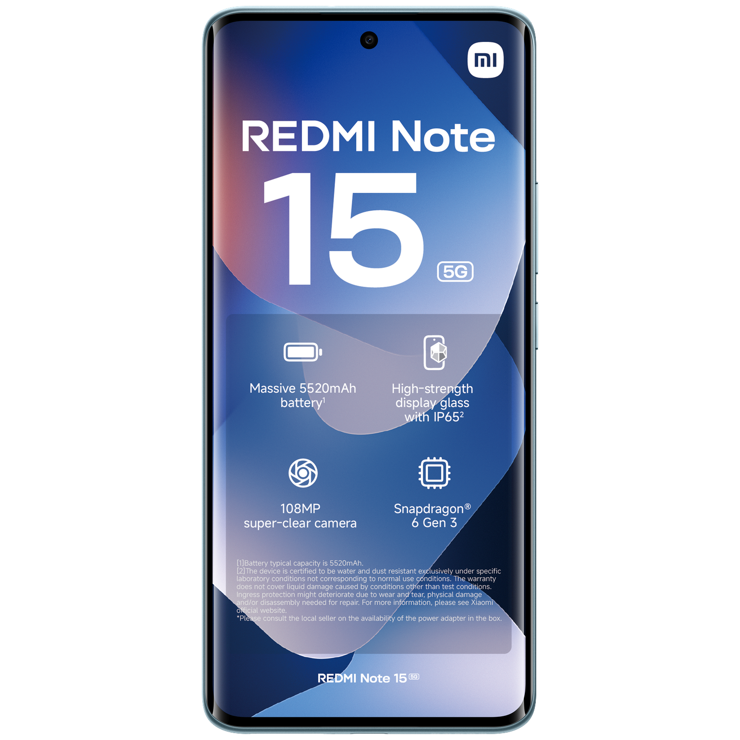 A light blue smartphone displaying "REDMI Note 15 5G" and technical specs.