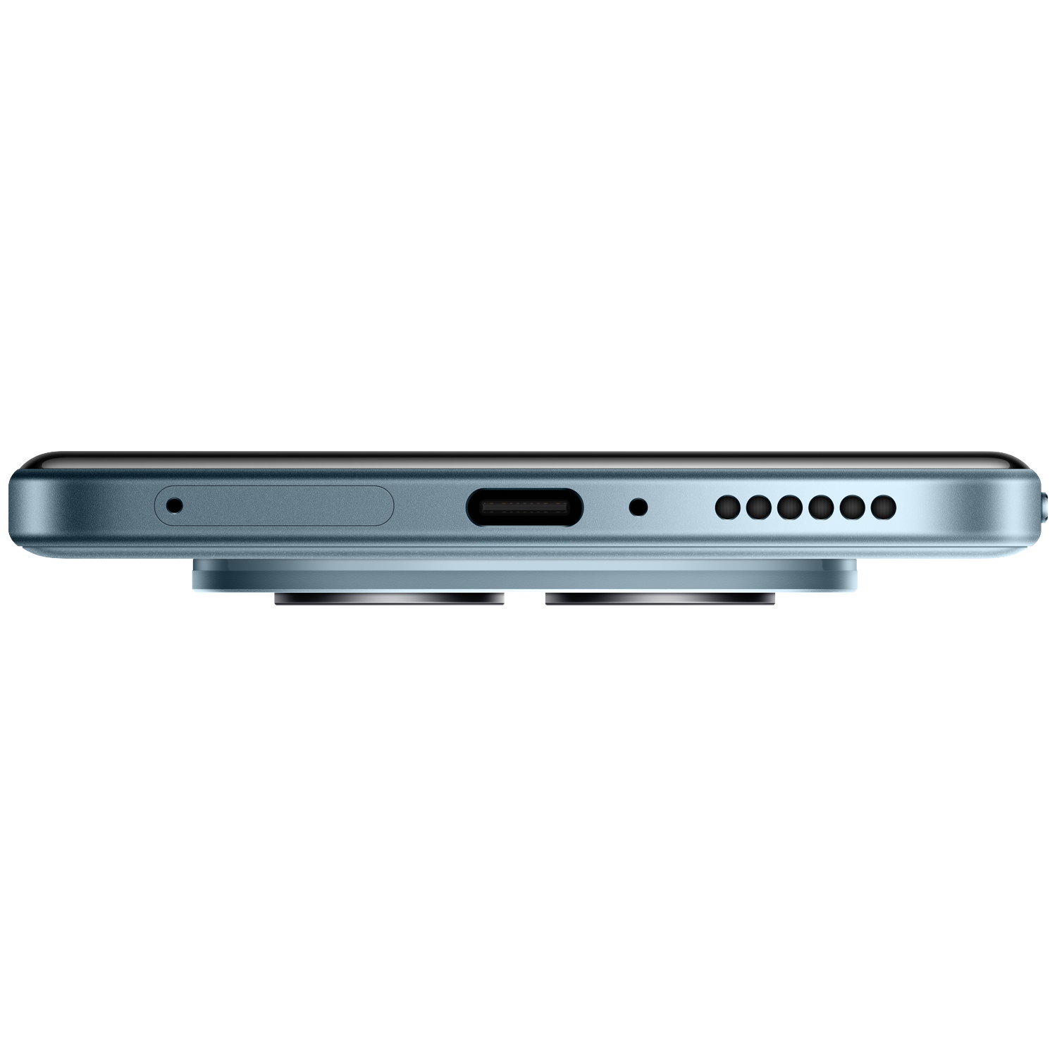 Gros plan du bord inférieur d'un smartphone bleu, montrant le port USB-C.