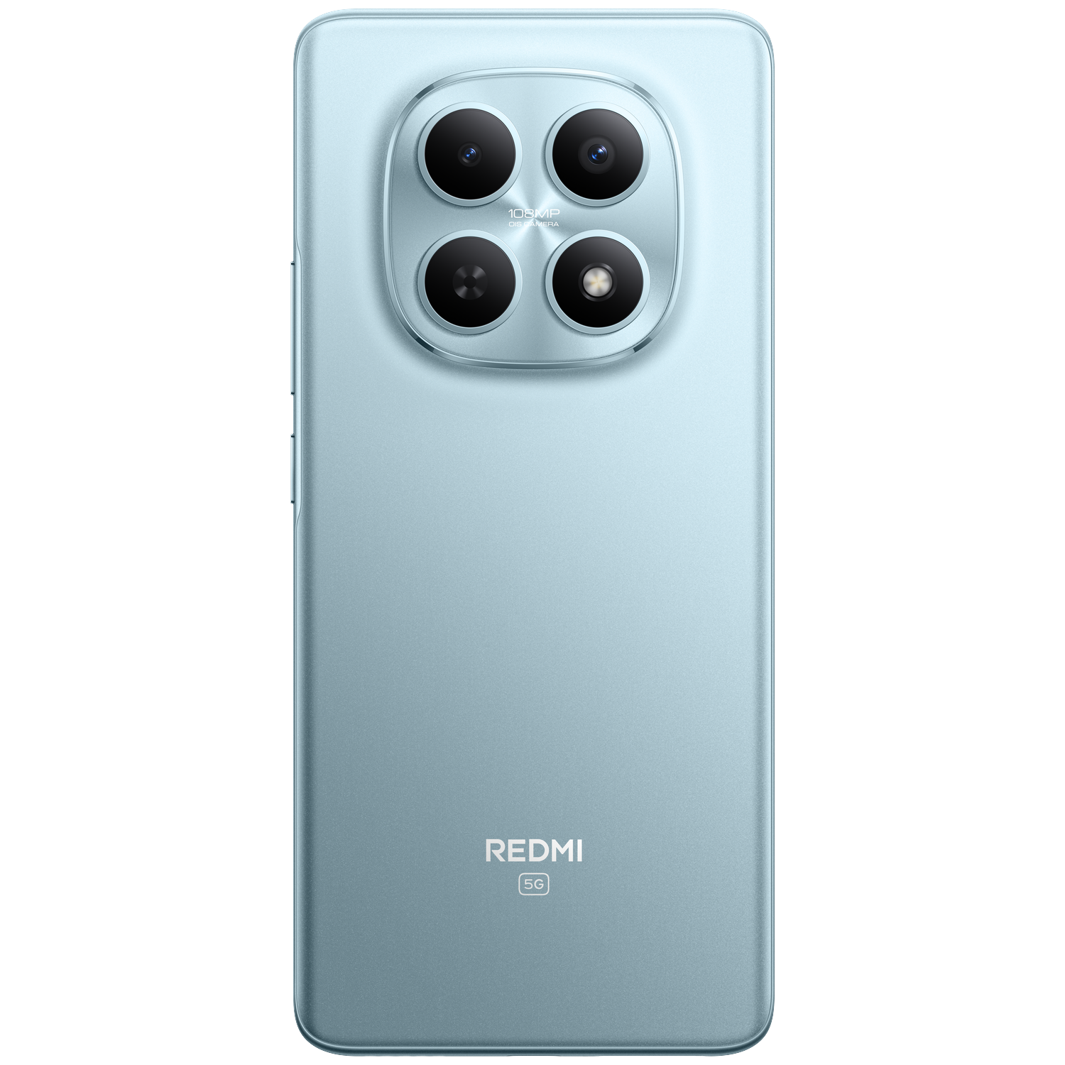 A light blue smartphone featuring a quad-camera setup and Redmi 5G logo.