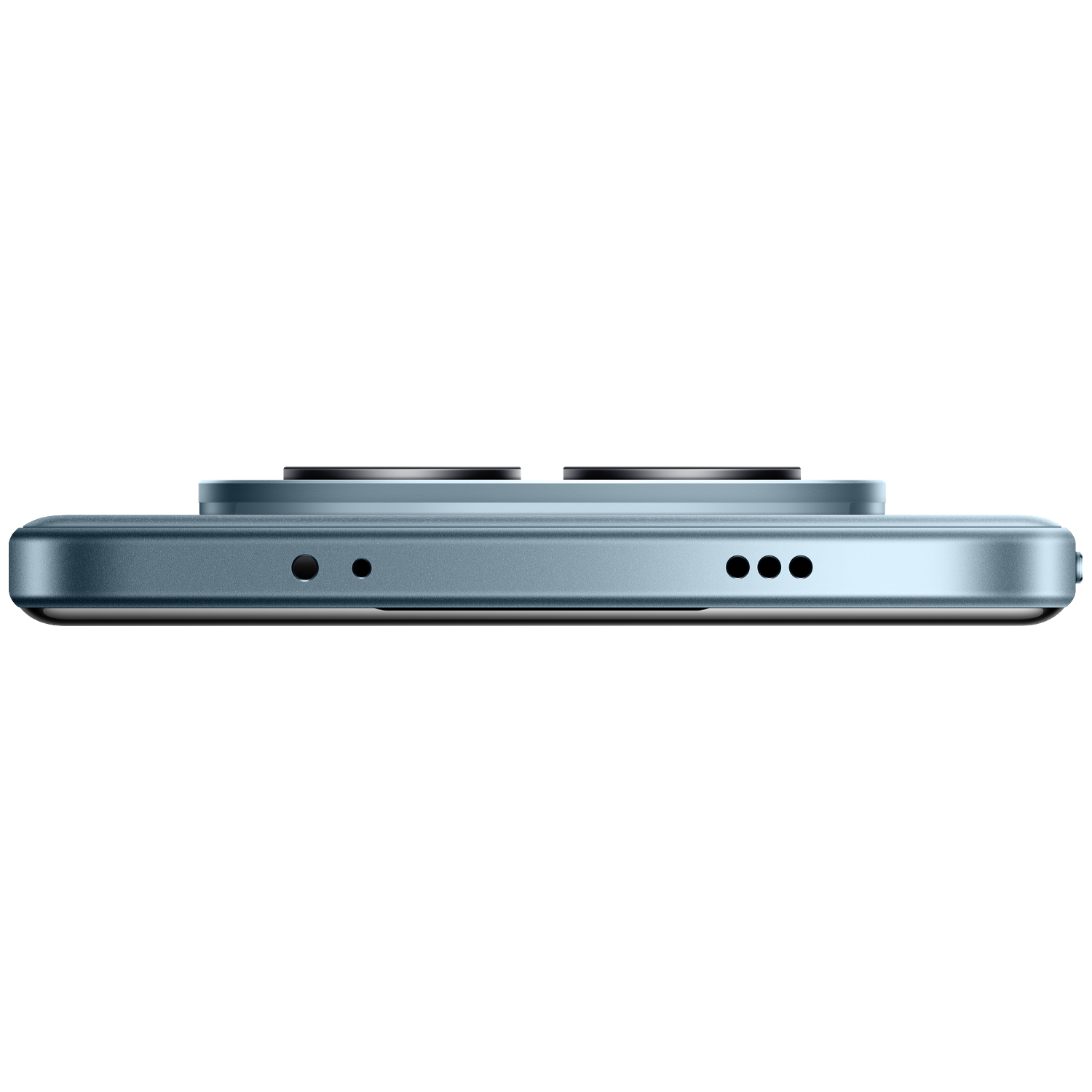 Boîtier de smartphone bleu avec deux objectifs photo et grilles de haut-parleur.