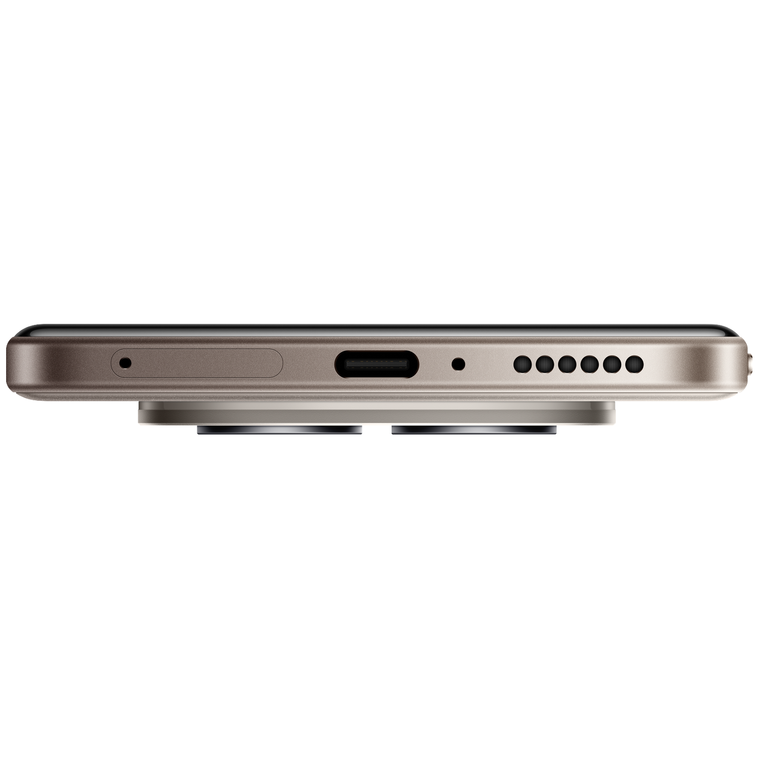 Close-up of a smartphone bottom edge showing charging port, speaker grille, and camera lens.