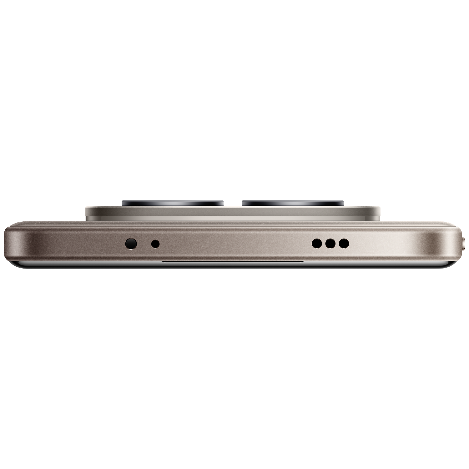 Top view of a bronze smartphone, showing two camera lenses and speaker holes.