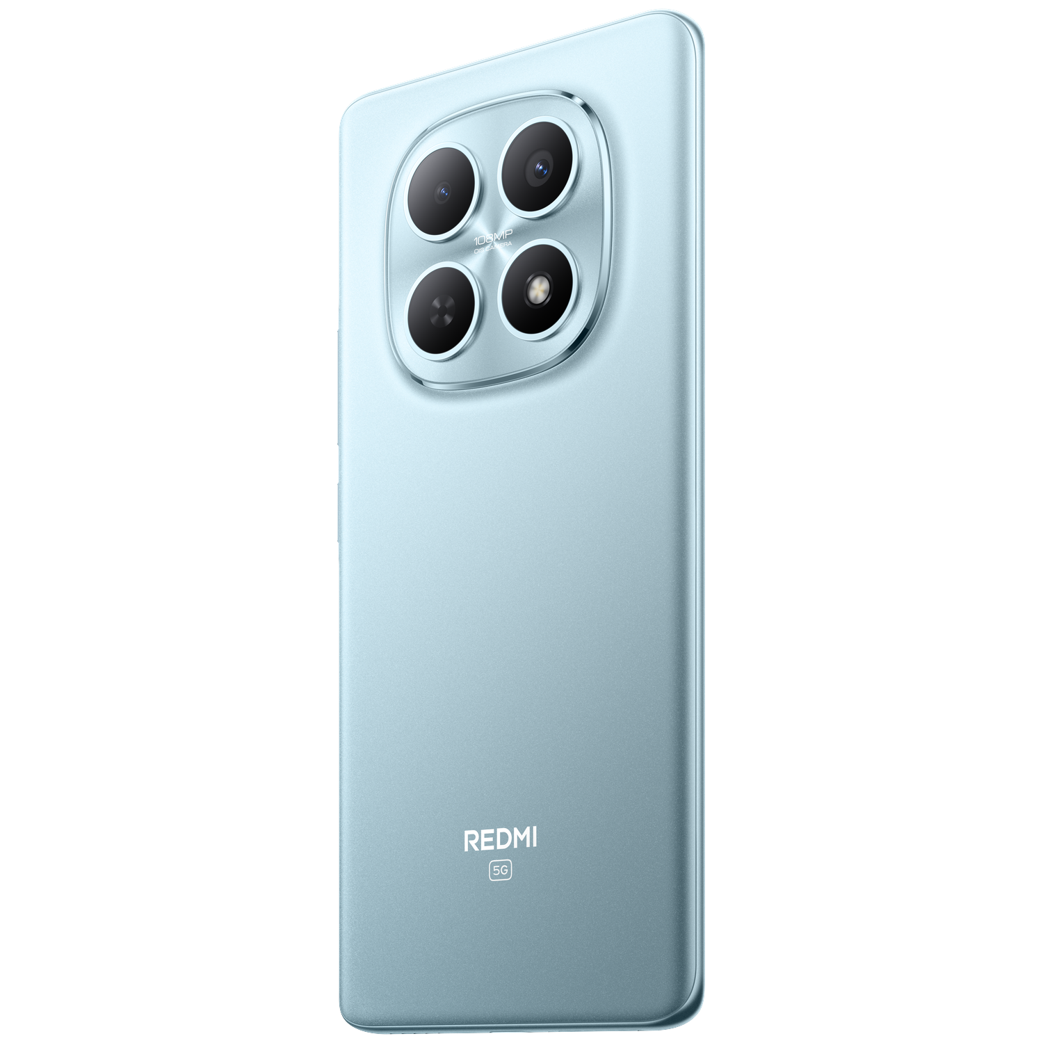 Light blue smartphone with four cameras and Redmi 5G logo on the back.