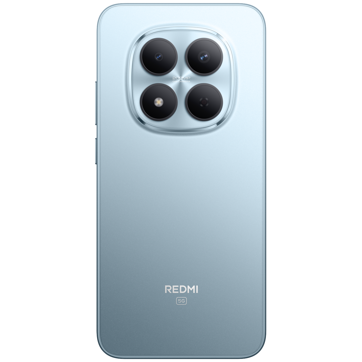 Back of a light blue smartphone with four cameras and Redmi logo.