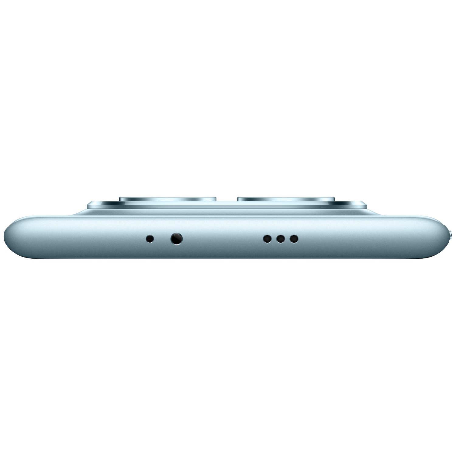 A light blue smartphone with two camera lenses and charging port.