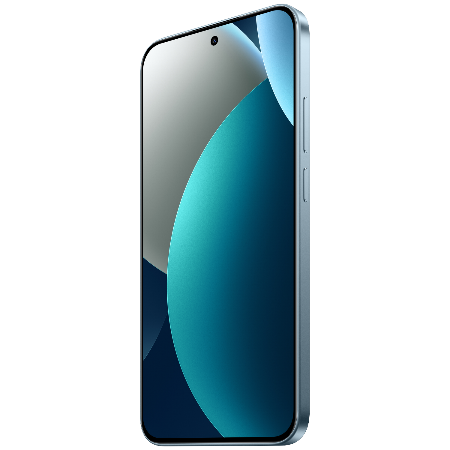 A blue smartphone displaying a teal graphic with a front camera visible.