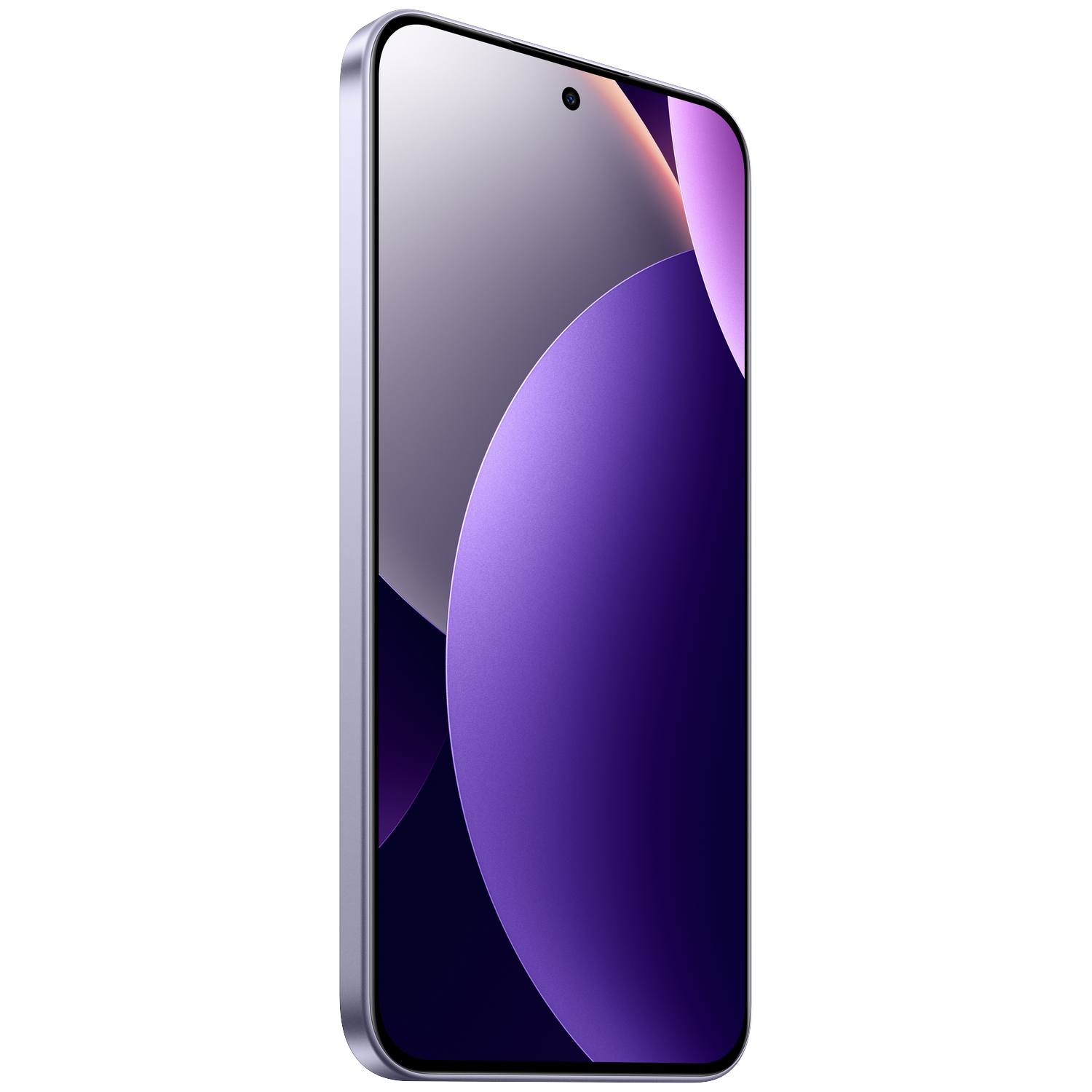 A modern smartphone with purple and gray design elements on the screen.